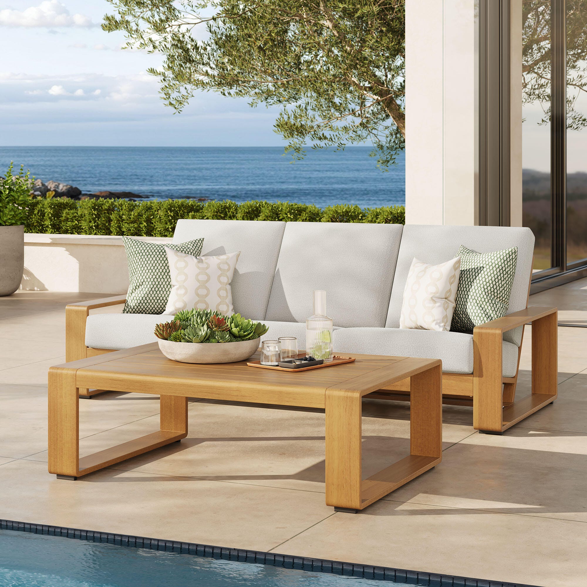 Modway Lirienne Outdoor Sofa and Coffee Table, Ivory/Natural, rollover
