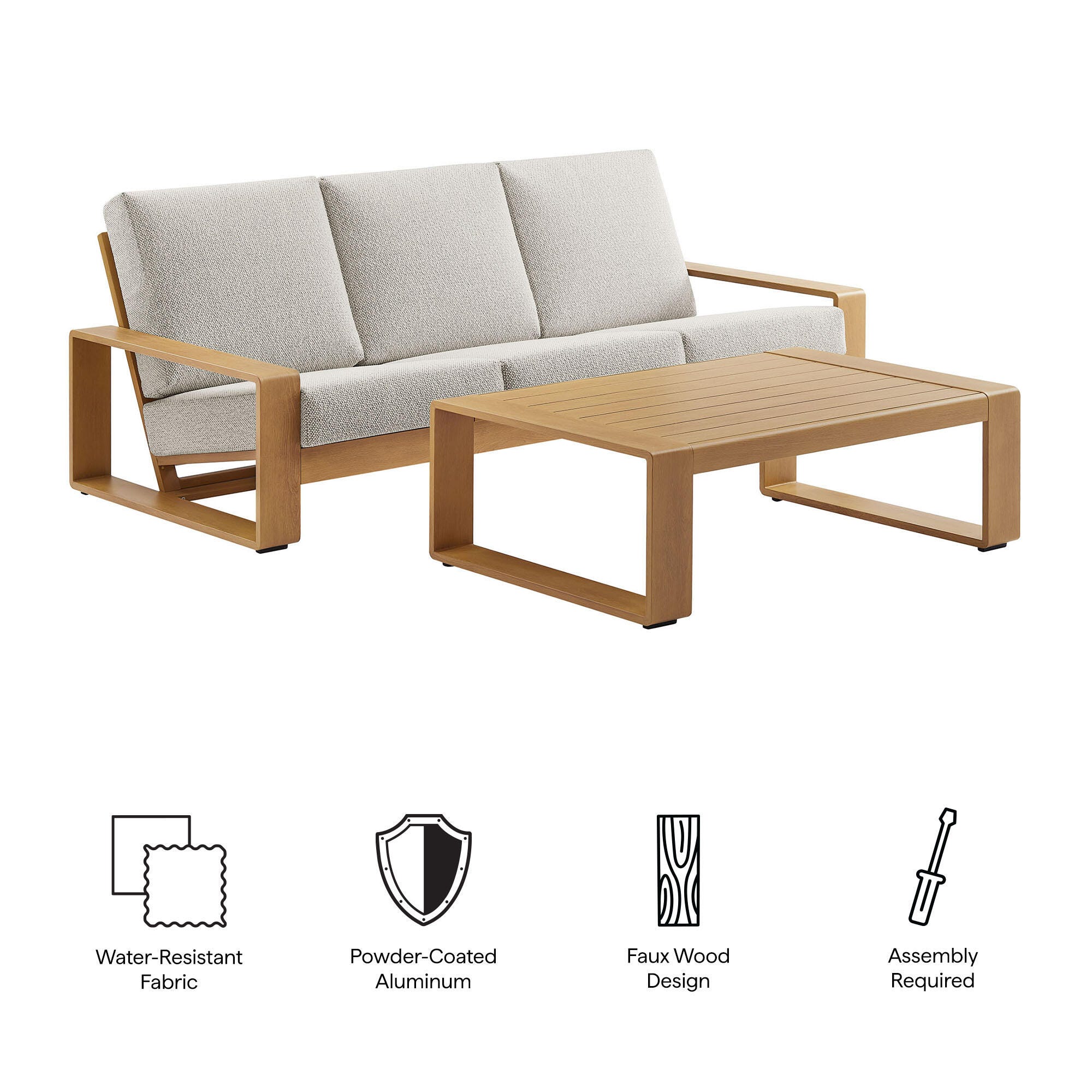 Modway Lirienne Outdoor Sofa and Coffee Table, Ivory/Natural, large