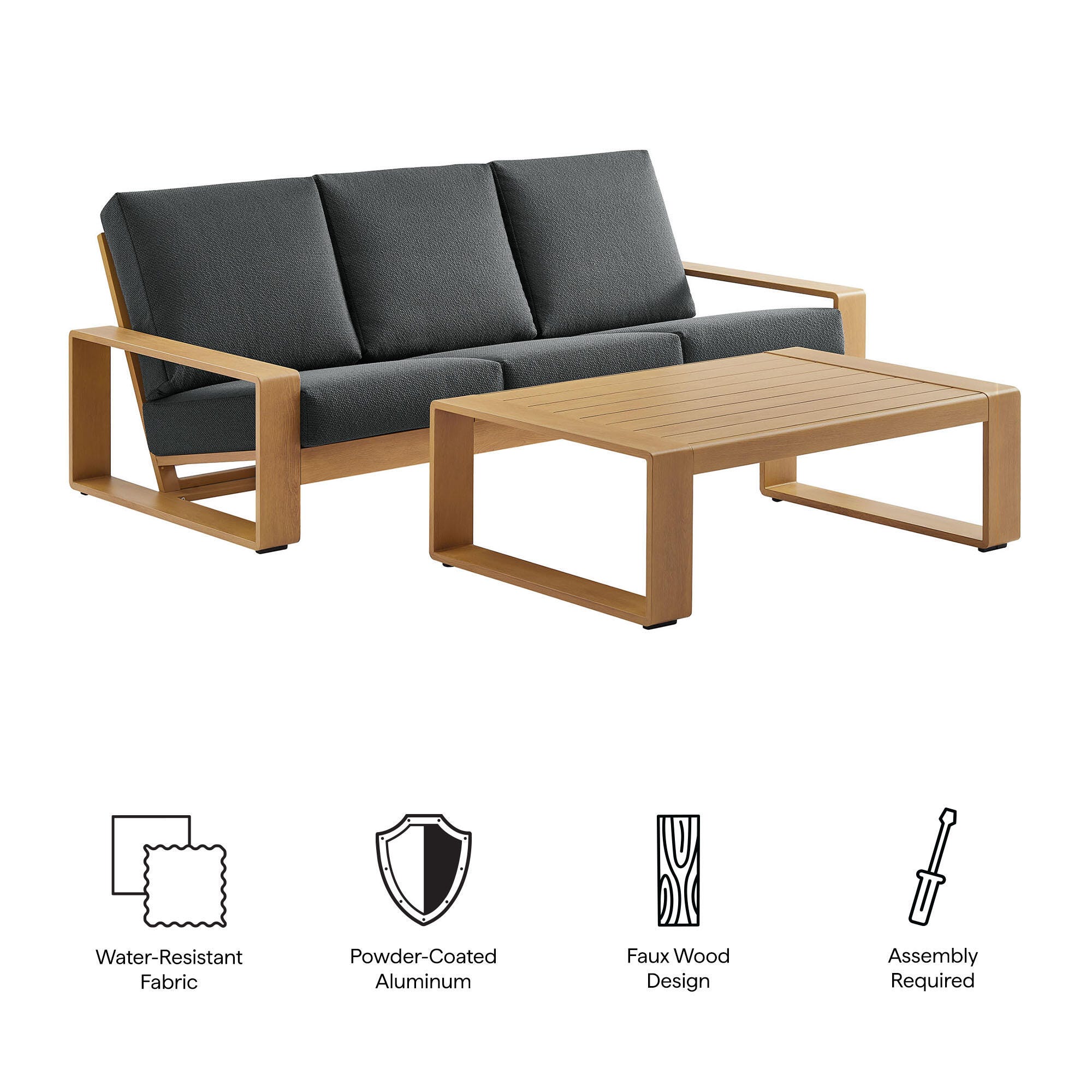 Modway Lirienne Outdoor Sofa and Coffee Table, Charcoal/Natural, large