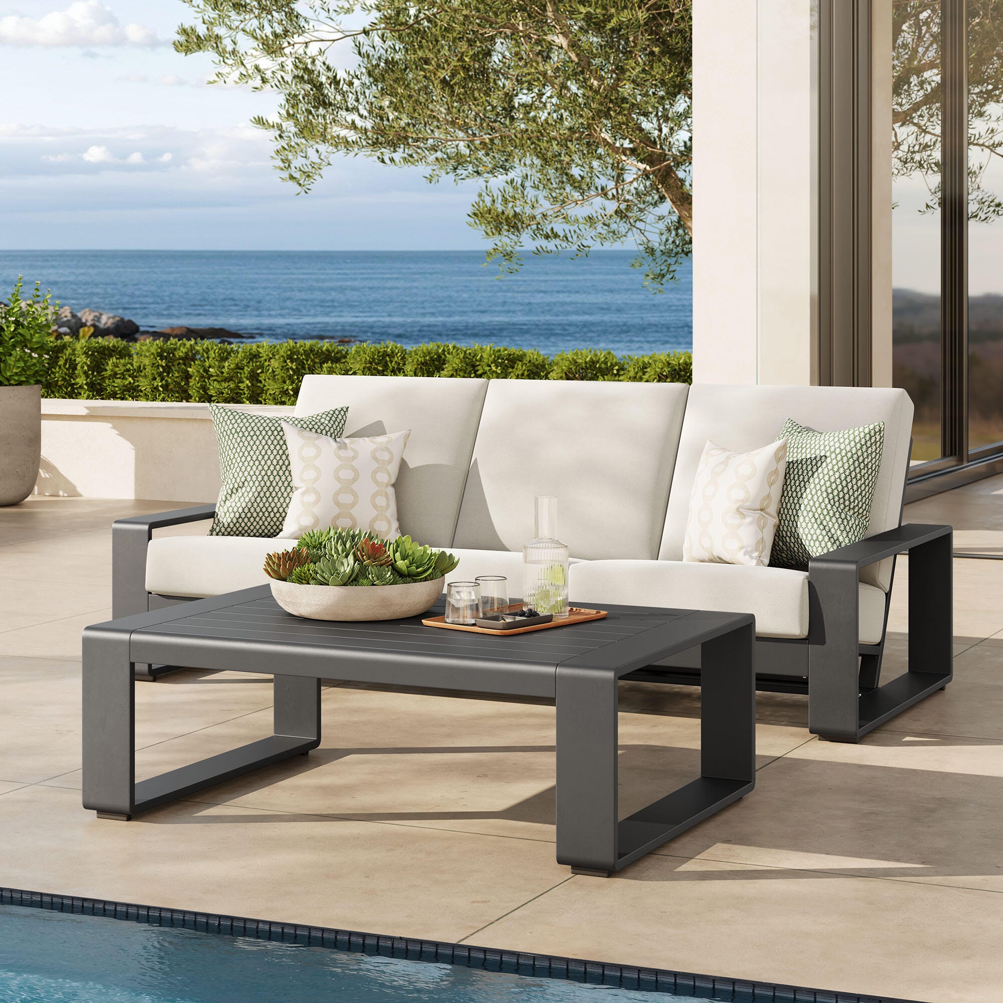 Modway Lirienne Outdoor Sofa and Coffee Table, Cream Gray/Black, rollover