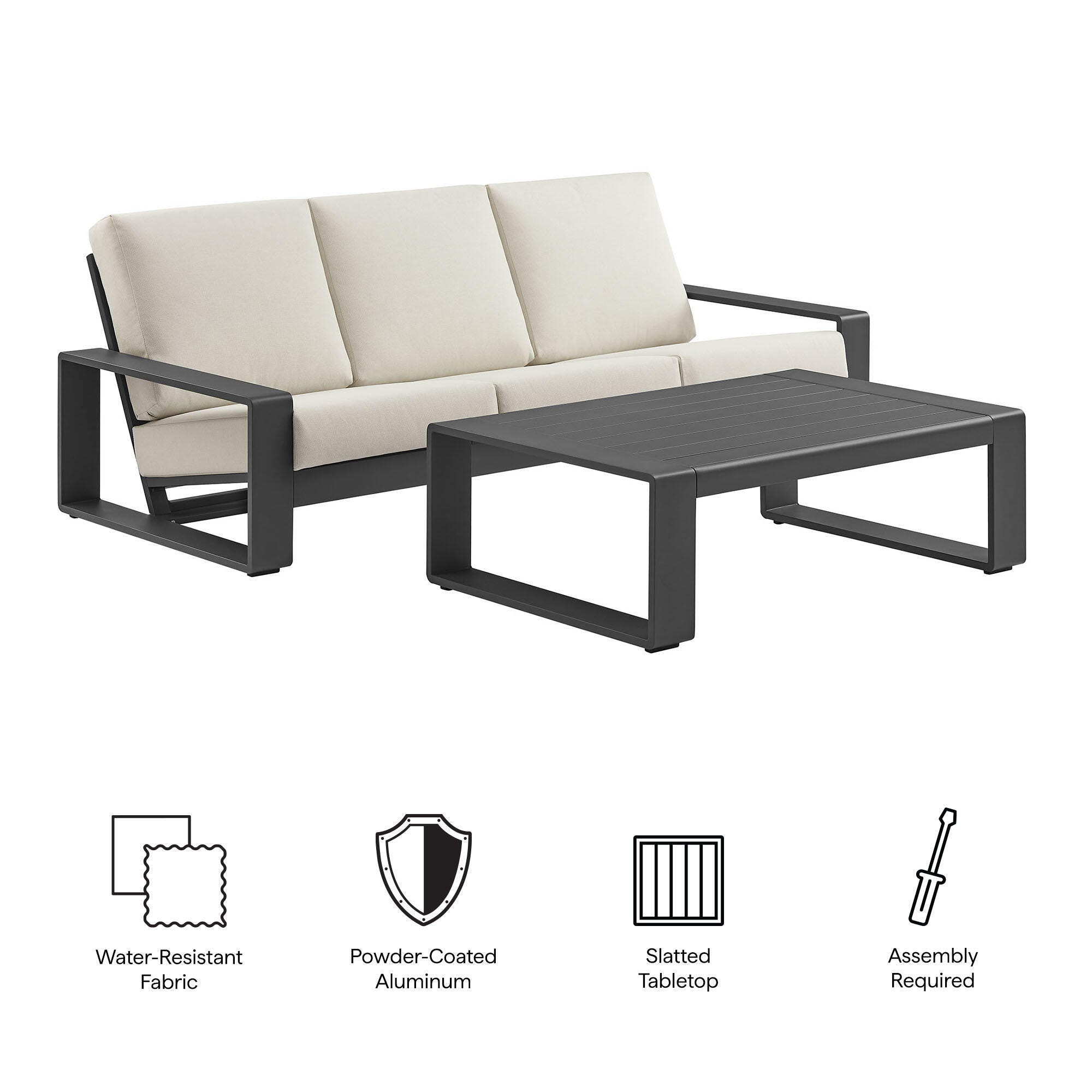 Modway Lirienne Outdoor Sofa and Coffee Table, Cream Gray/Black, large
