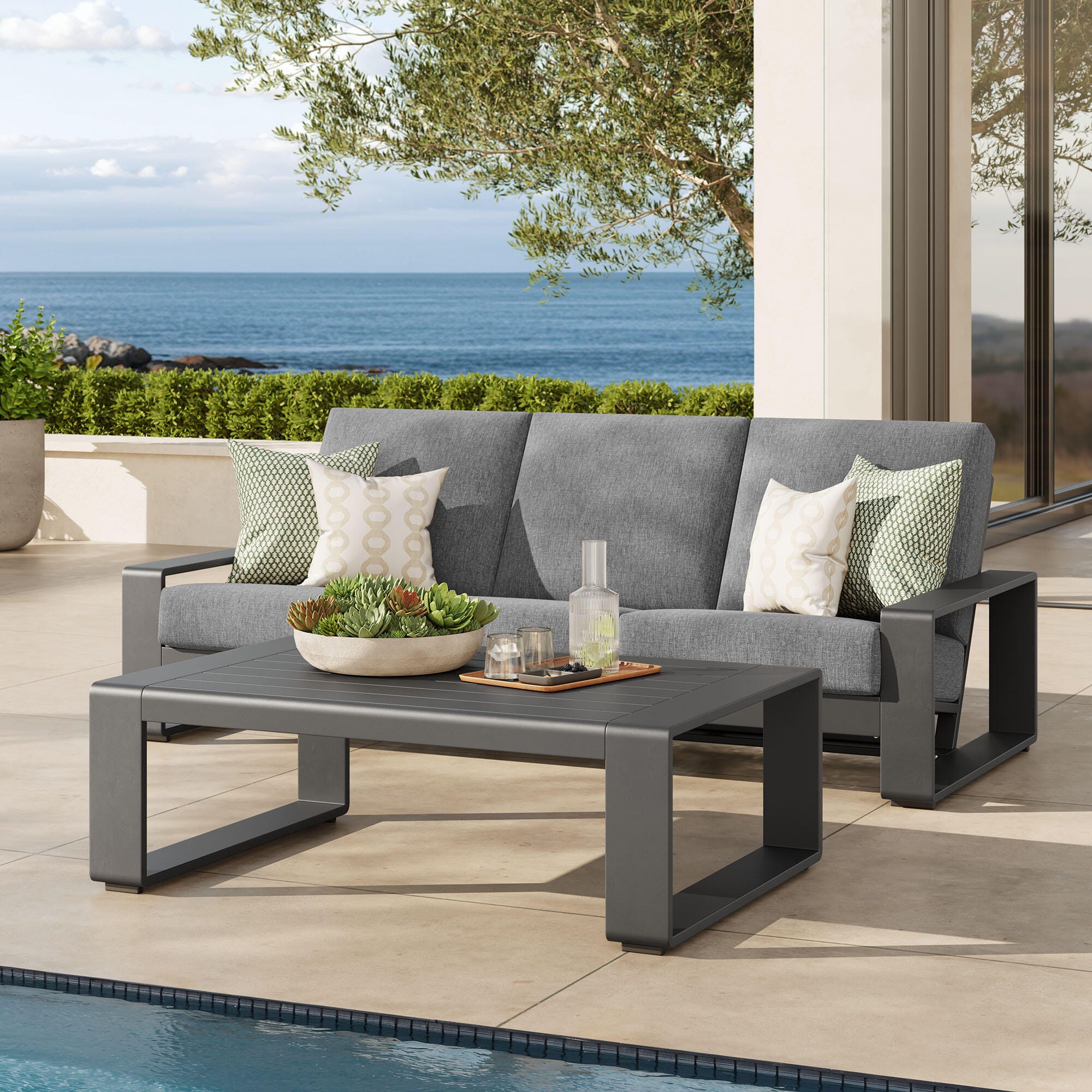 Modway Lirienne Outdoor Sofa and Coffee Table, Light Gray/Black, large