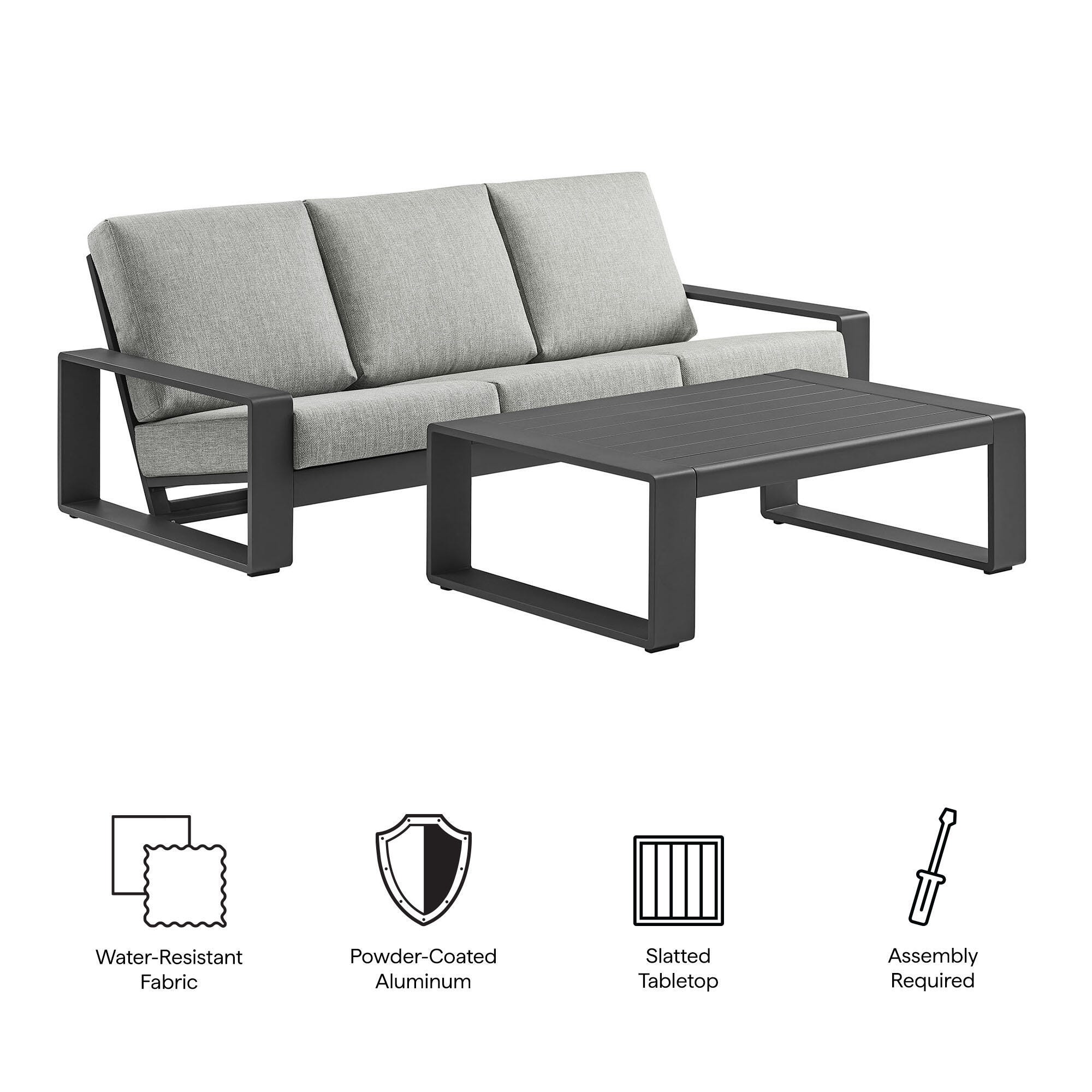 Modway Lirienne Outdoor Sofa and Coffee Table, Light Gray/Black, large
