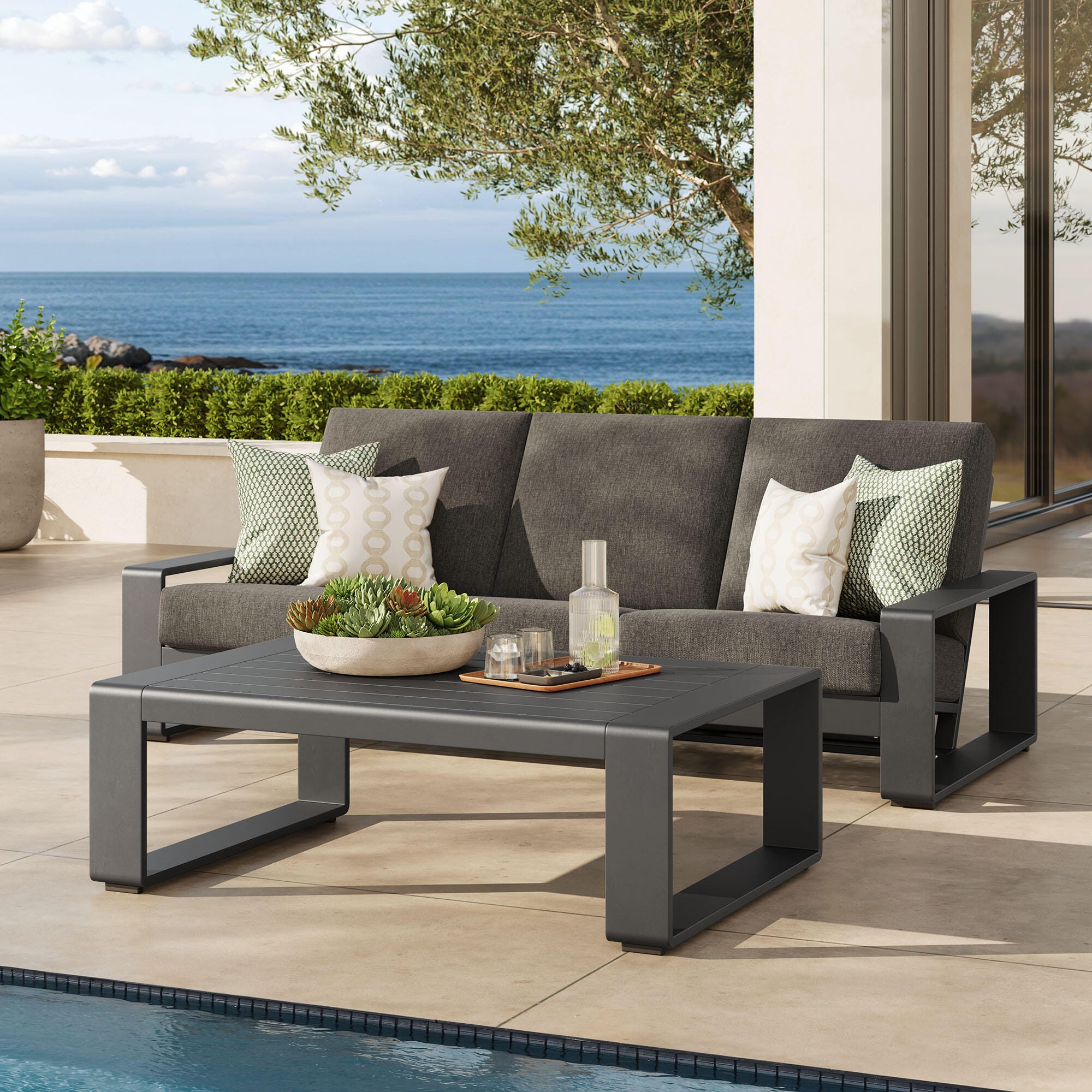 Modway Lirienne Outdoor Sofa and Coffee Table, Smoke/Black, large