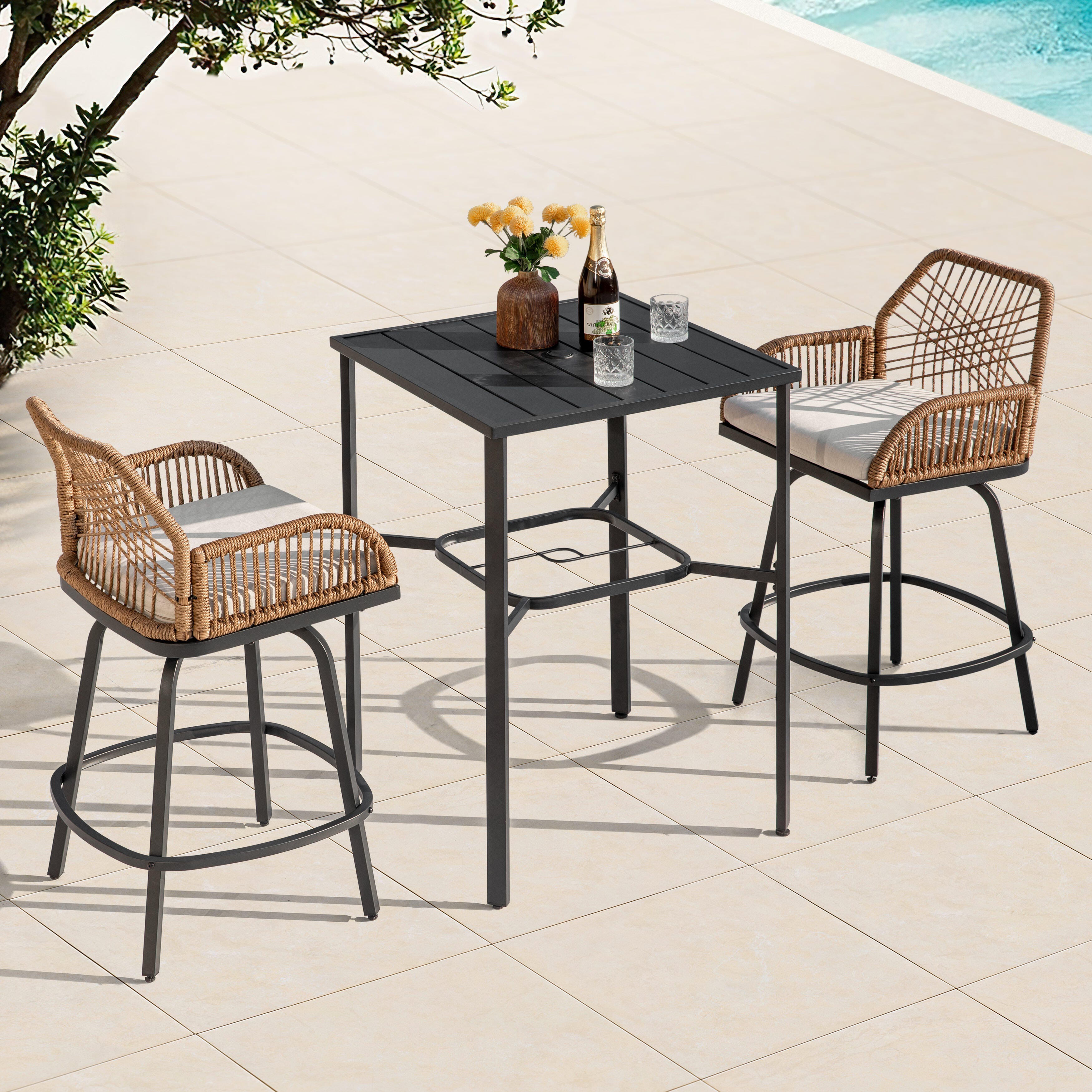 Nuu Garden Outdoor Bar Table and 2 Bar Stools, , large