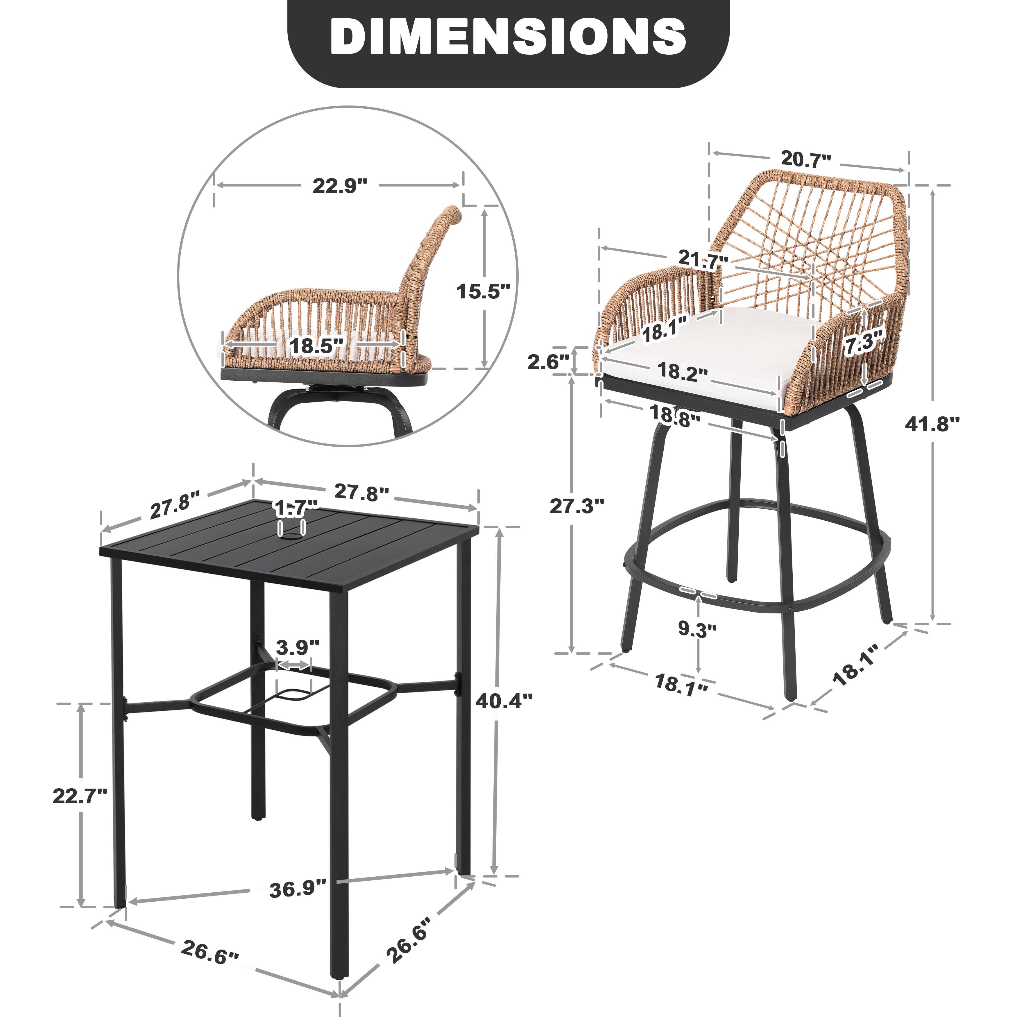 Nuu Garden Outdoor Bar Table and 2 Bar Stools, , large