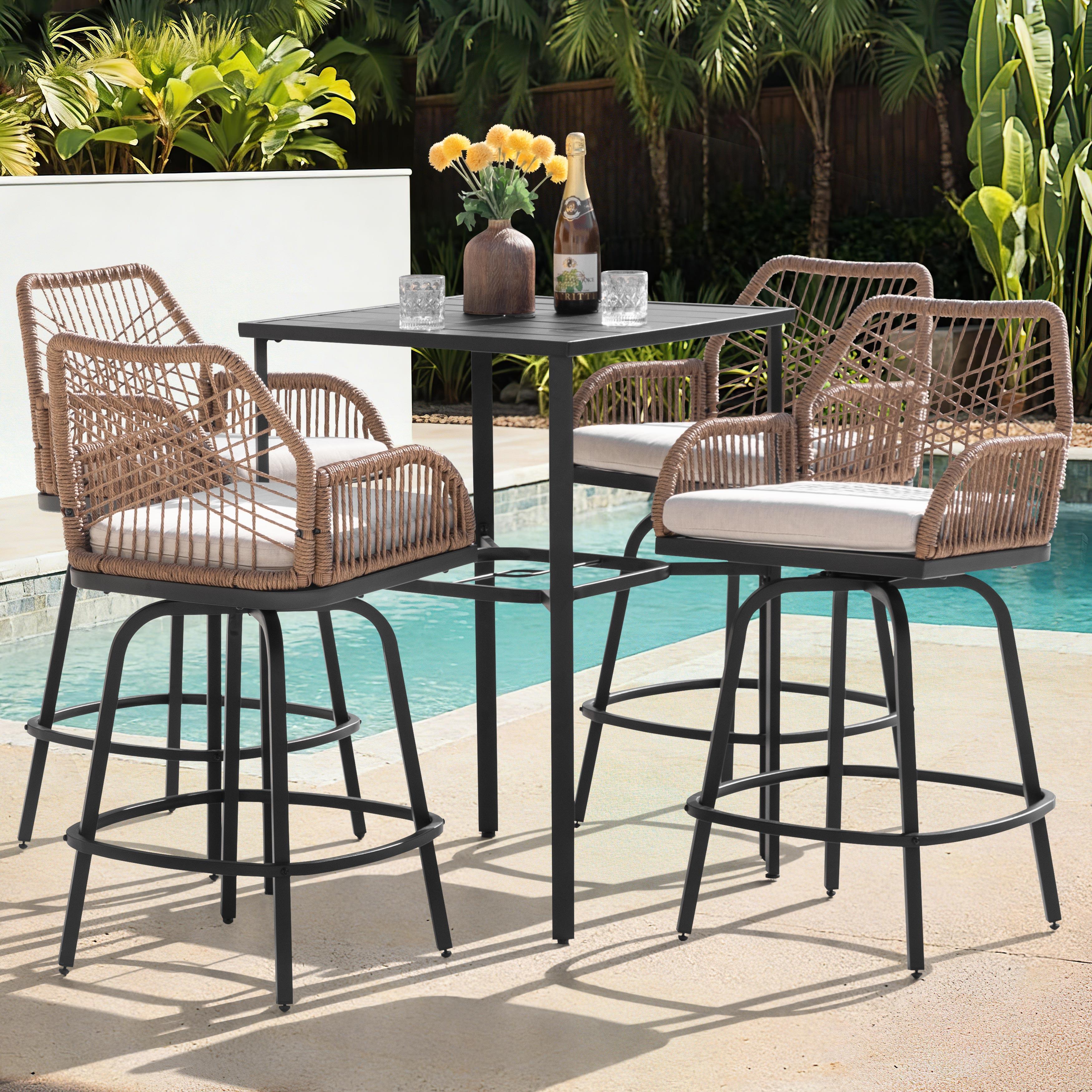 Nuu Garden Outdoor Bar Table and 4 Bar Stools, , large