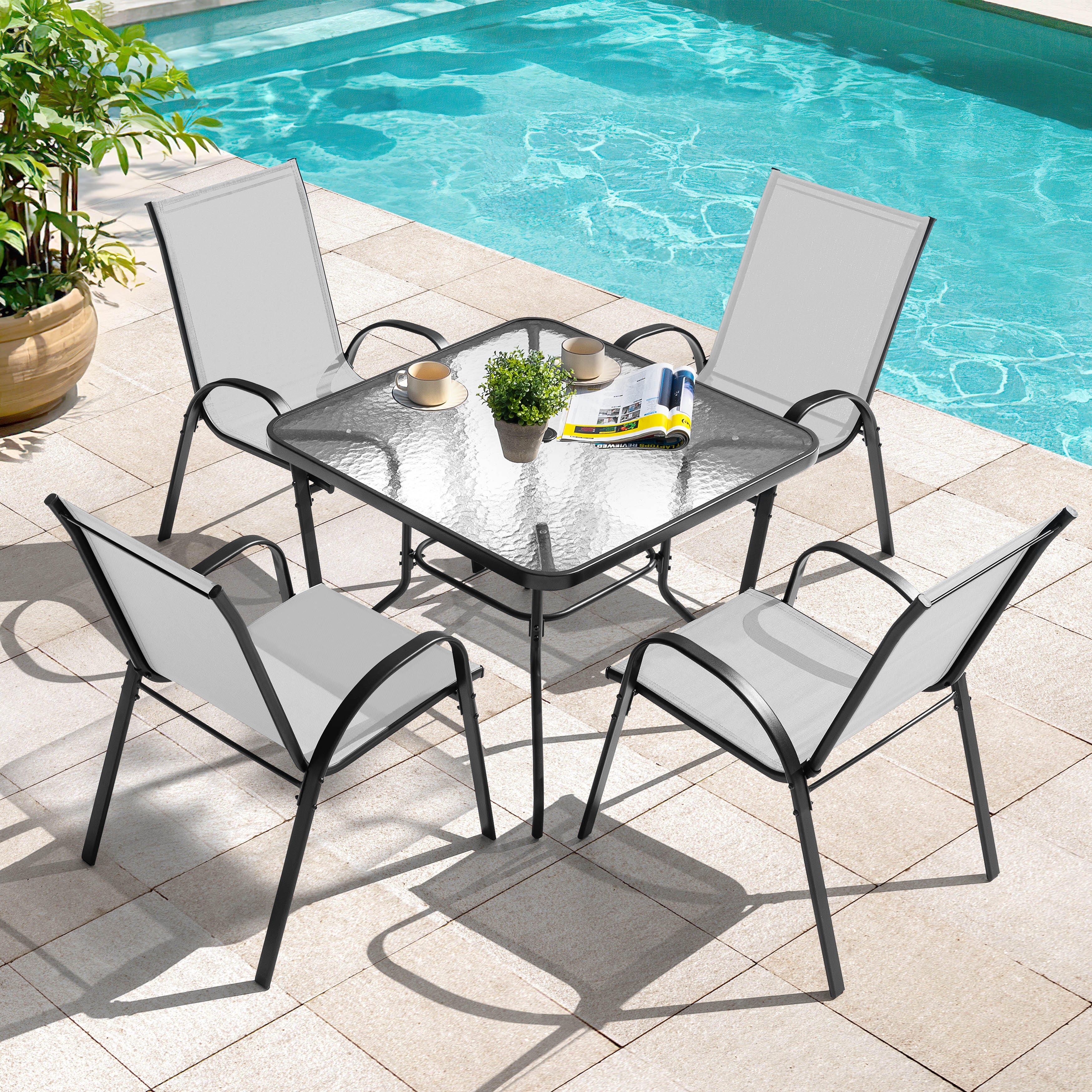 Nuu Garden Outdoor Square Dining Table and 4 Chairs, Light Gray/Black, rollover