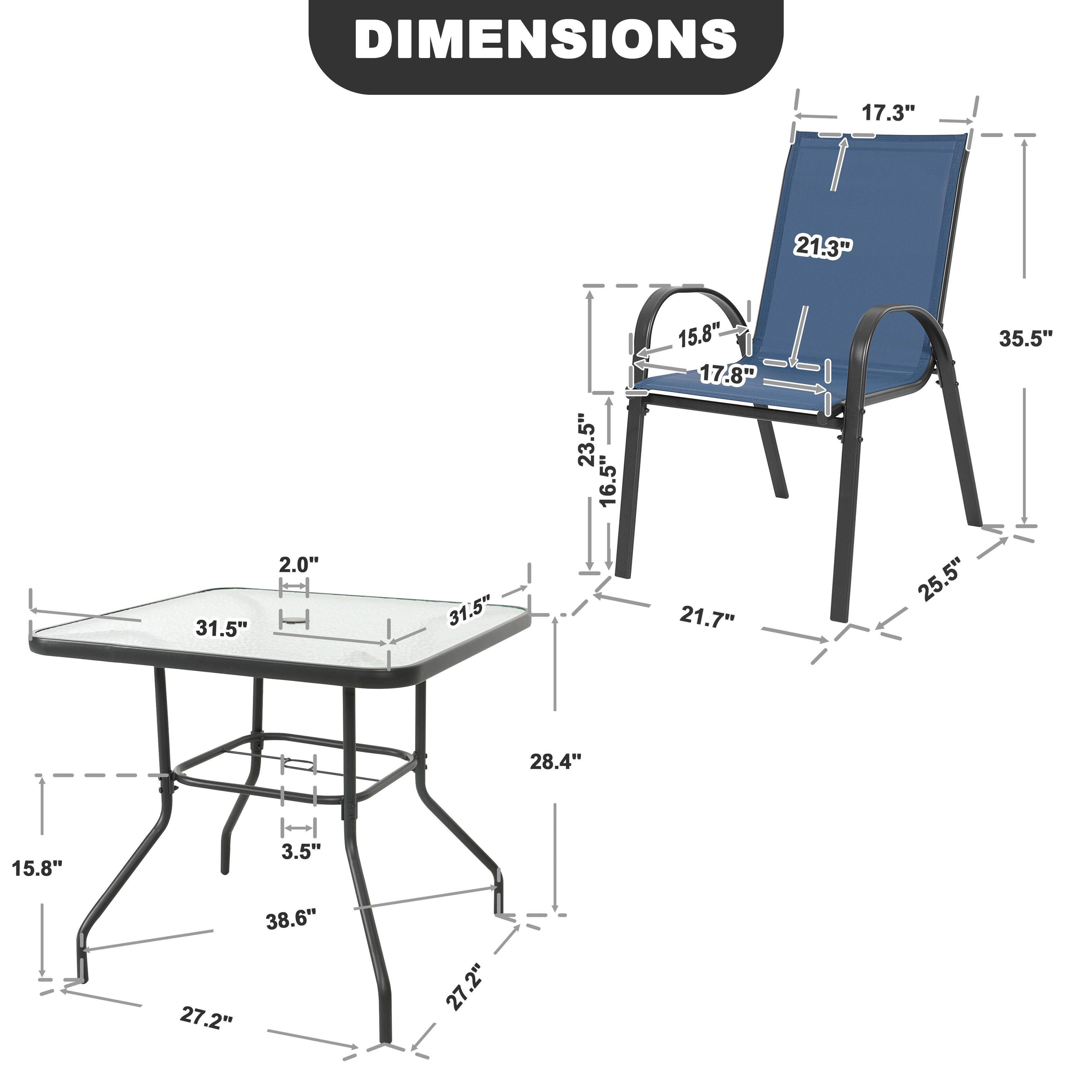 Nuu Garden Outdoor Square Dining Table and 4 Chairs, Blue, large