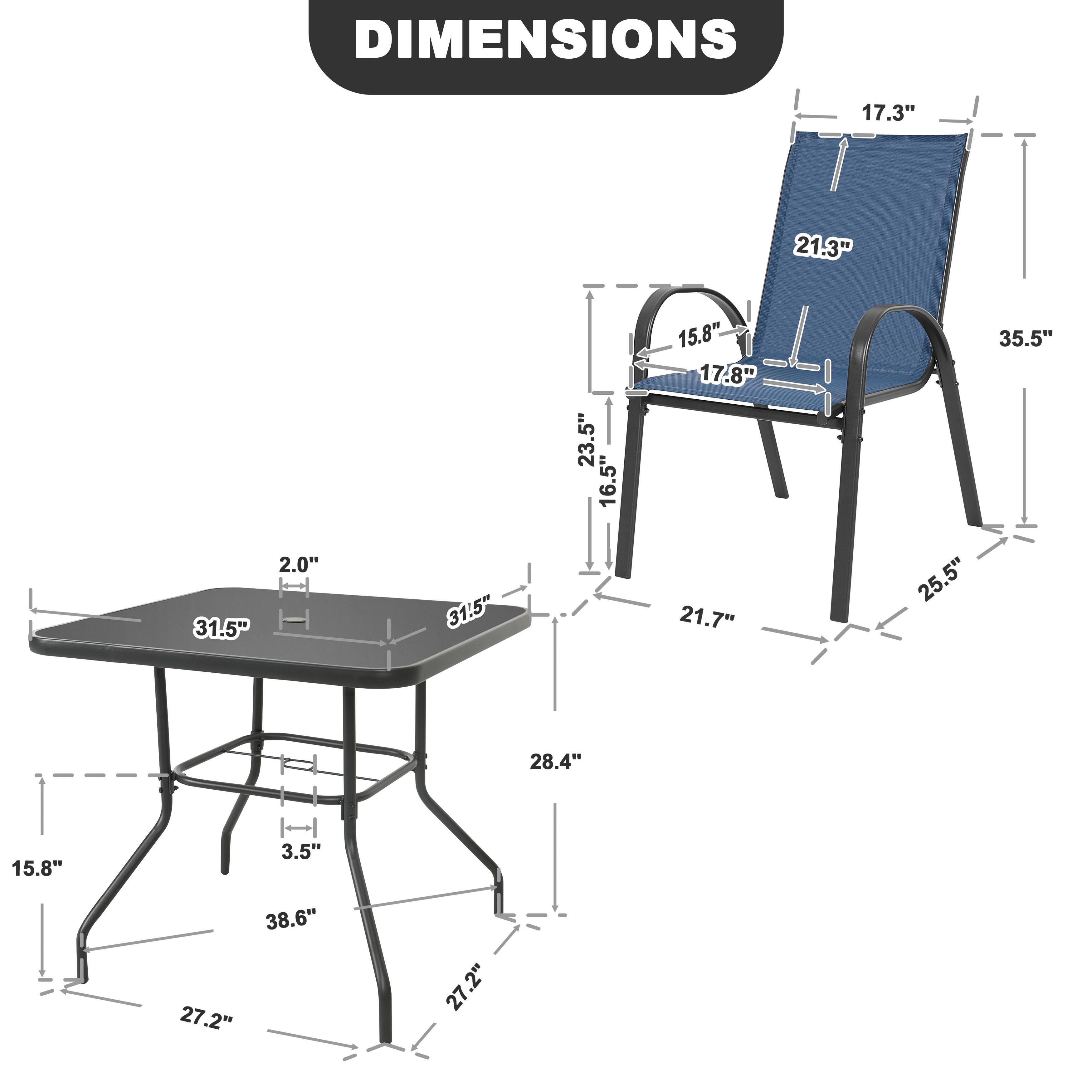Nuu Garden Outdoor Solid Dining Table and 4 Chairs, Blue, large