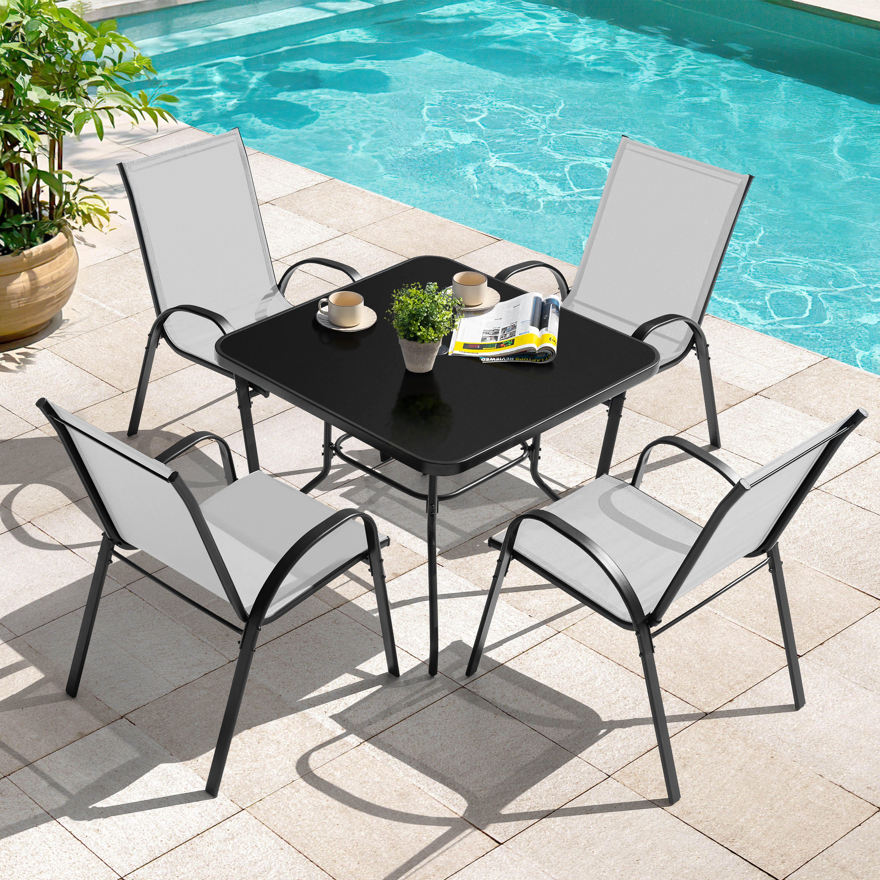 Nuu Garden Outdoor Solid Dining Table and 4 Chairs, Light Gray, large