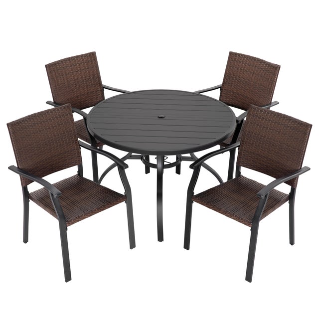 Nuu Garden 5-Piece Patio Dining Set with Umbrella Hole, 4 Wicker Chairs