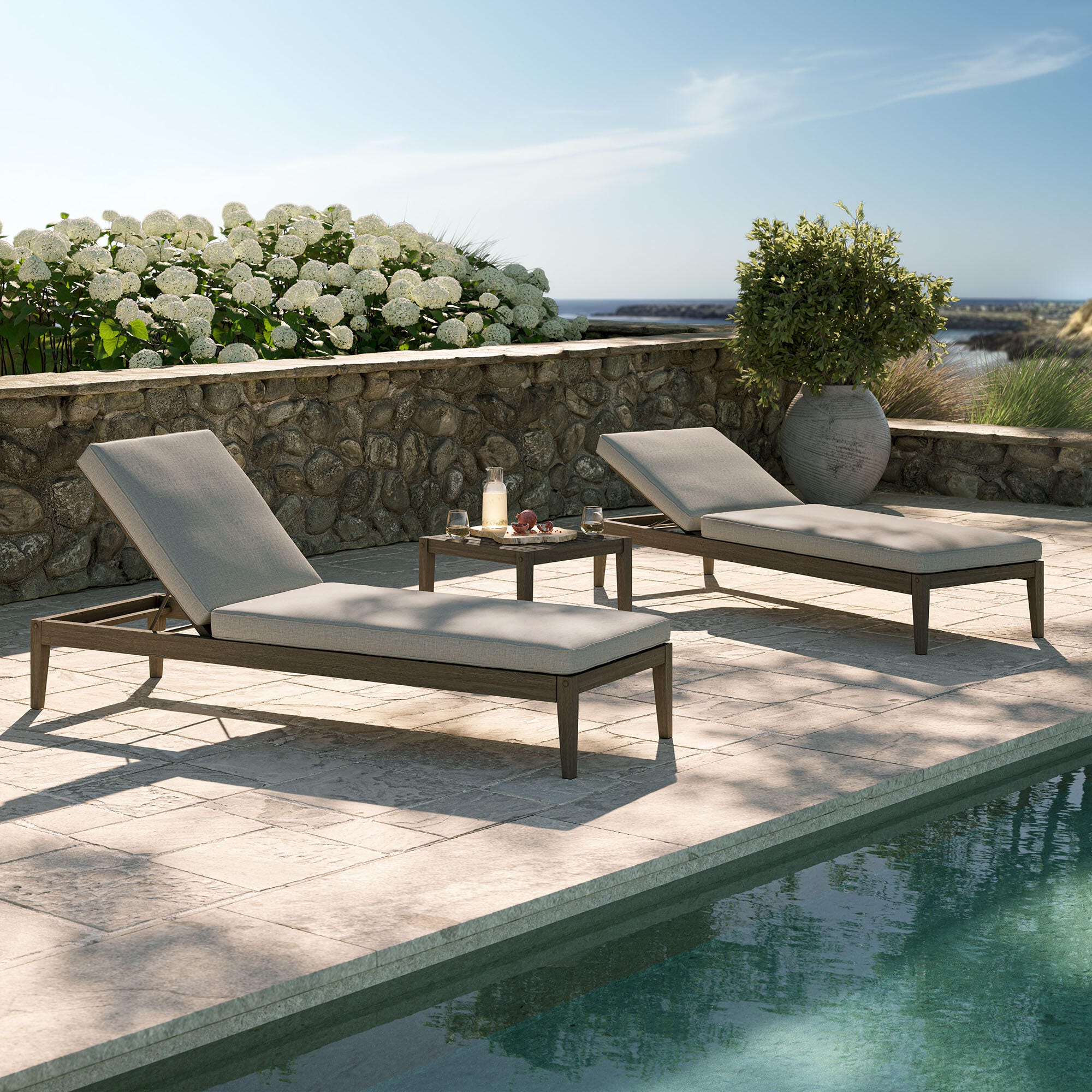 Modway Northlake Outdoor 2 Chaise Lounge and Side Table, Pebble, rollover