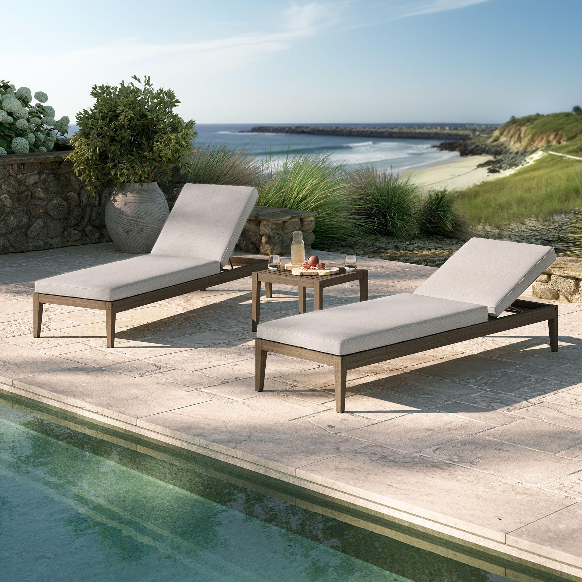 Modway Northlake Outdoor 2 Chaise Lounge and Side Table, Pebble, large
