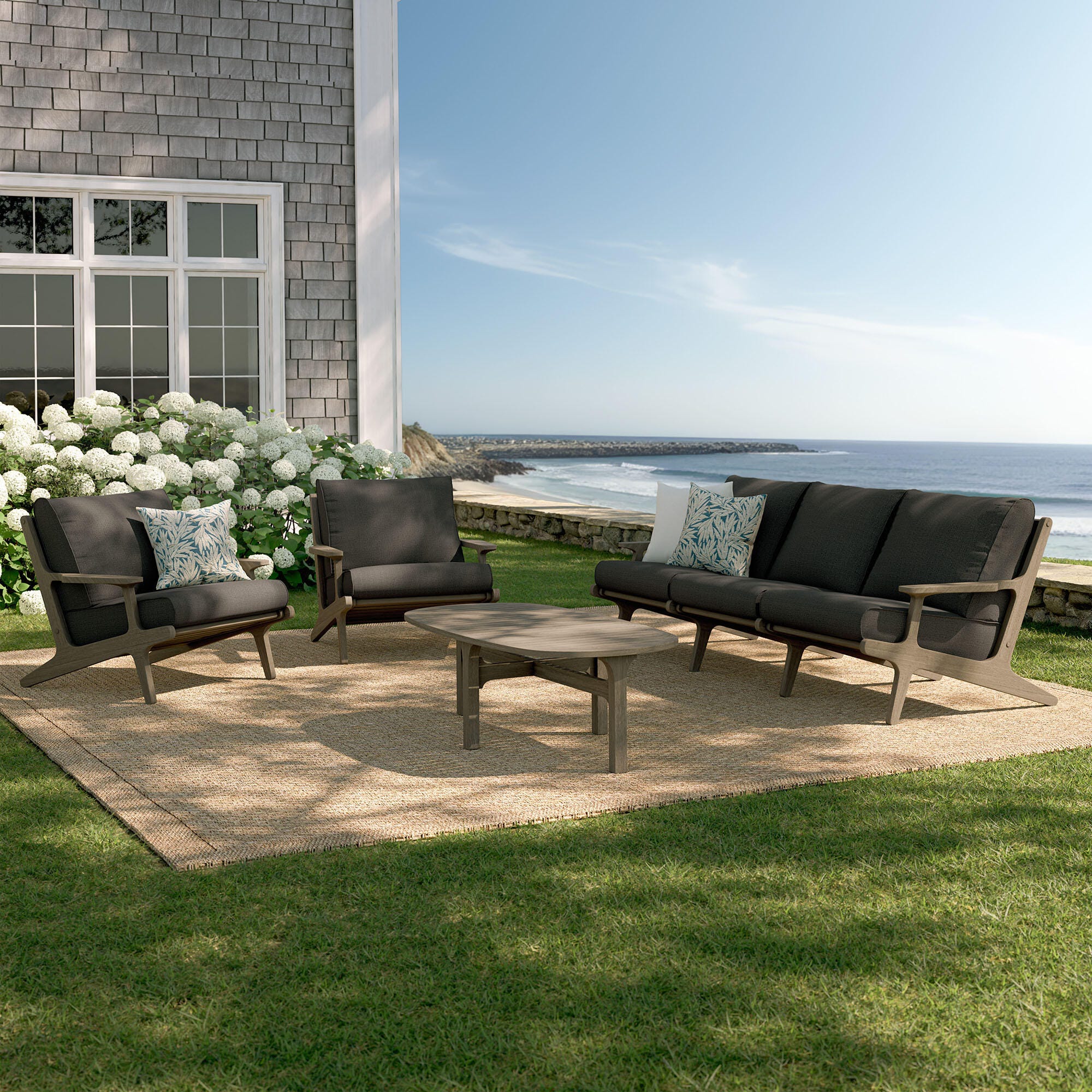 Modway Saratoga Outdoor Sofa and 2 Chairs with Coffee Table, Flint Gray, rollover
