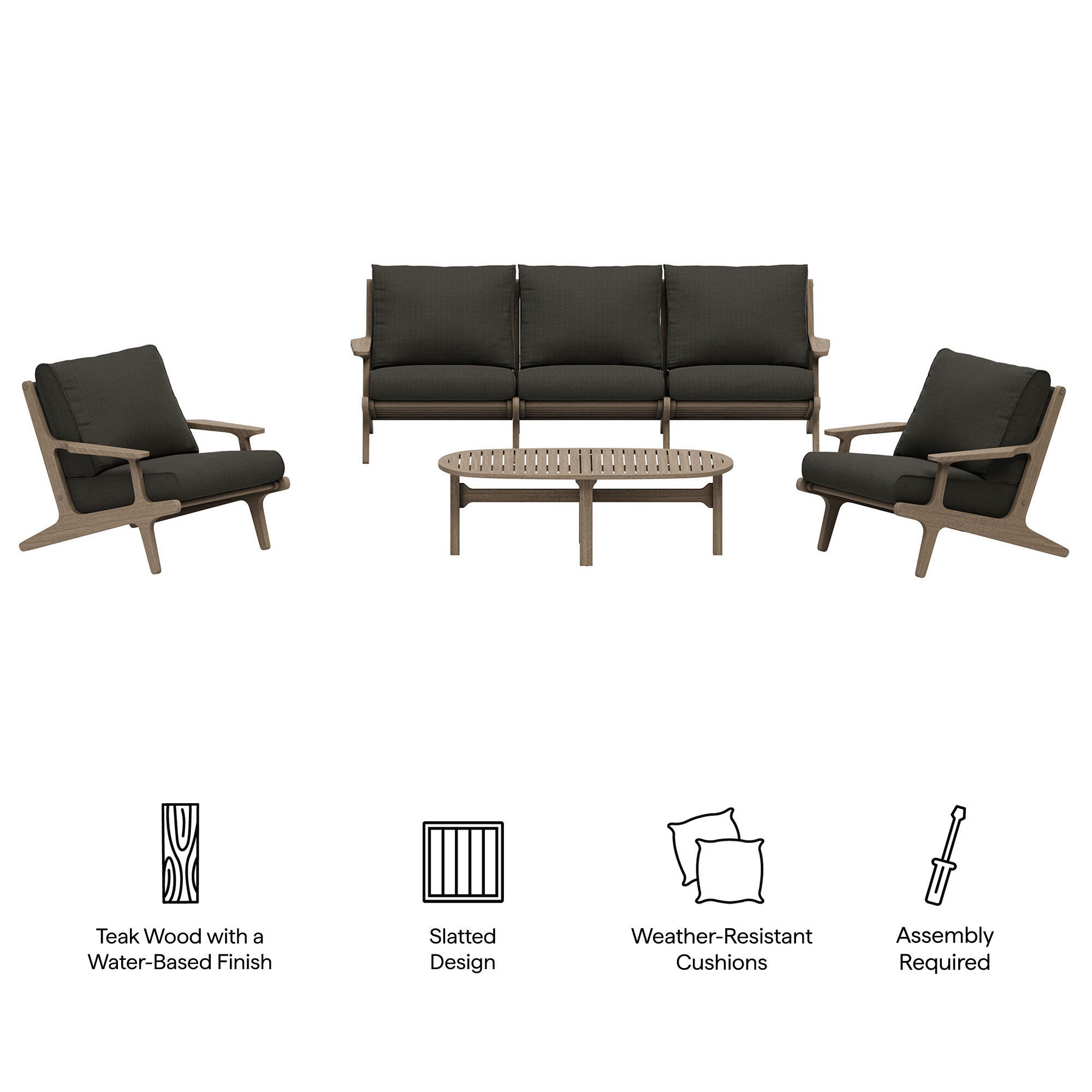 Modway Saratoga Outdoor Sofa and 2 Chairs with Coffee Table, Flint Gray, large