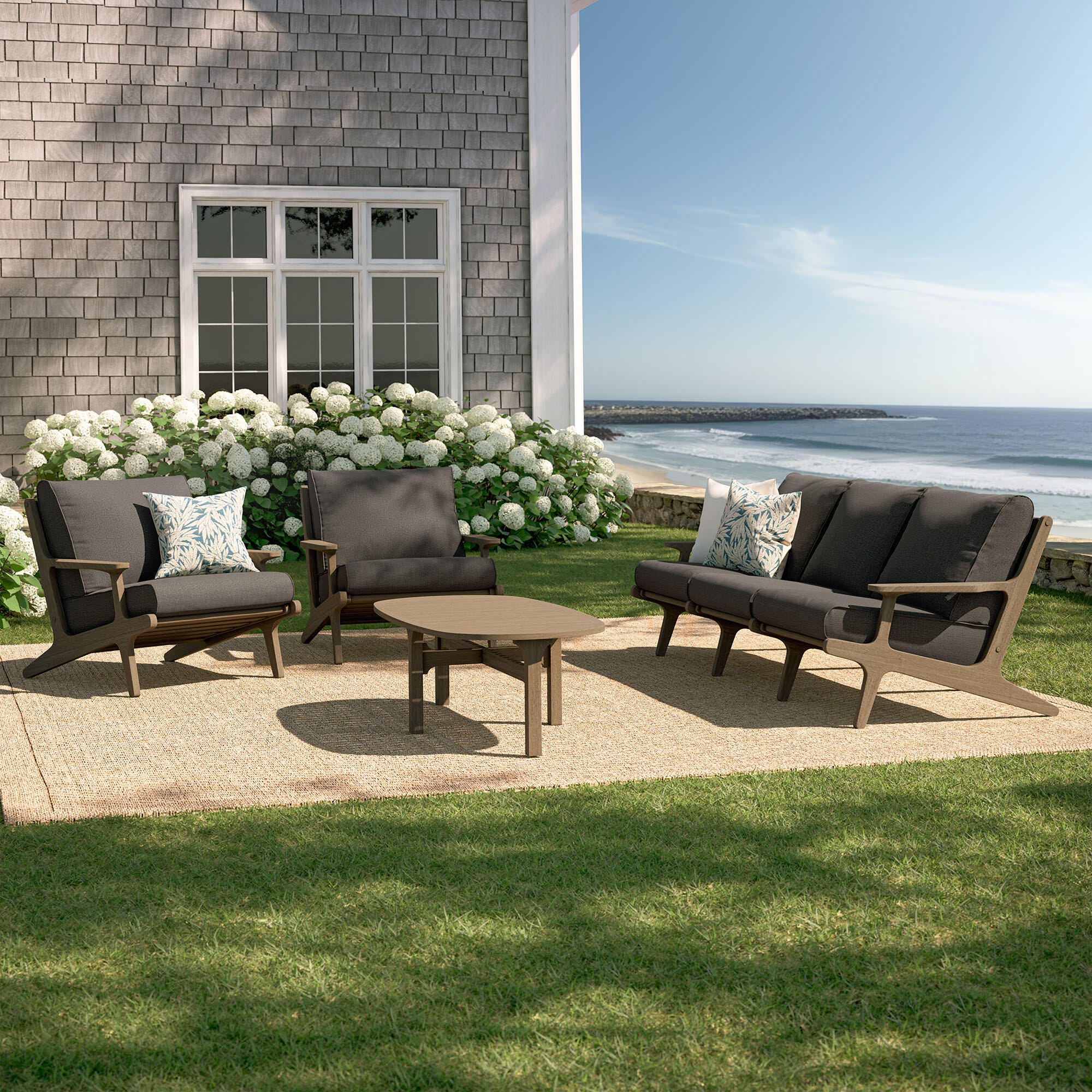 Modway Saratoga Outdoor Sofa and 2 Chairs with Coffee Table, Flint Gray, large