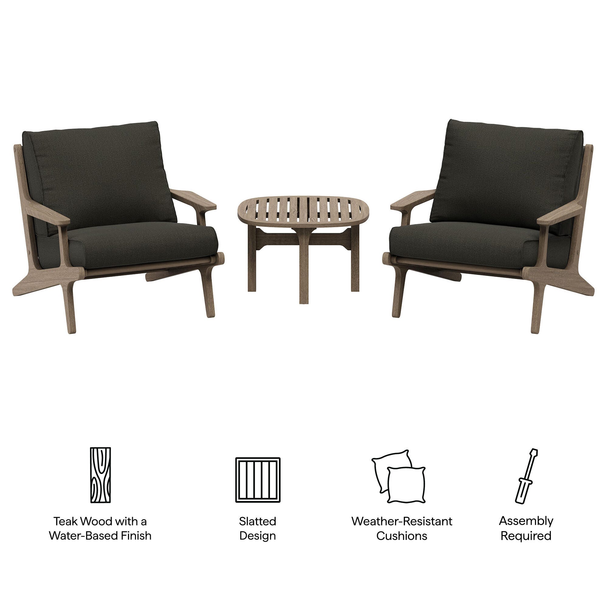 Modway Saratoga Outdoor 2 Lounge Chair and Side Table, Flint Gray, large