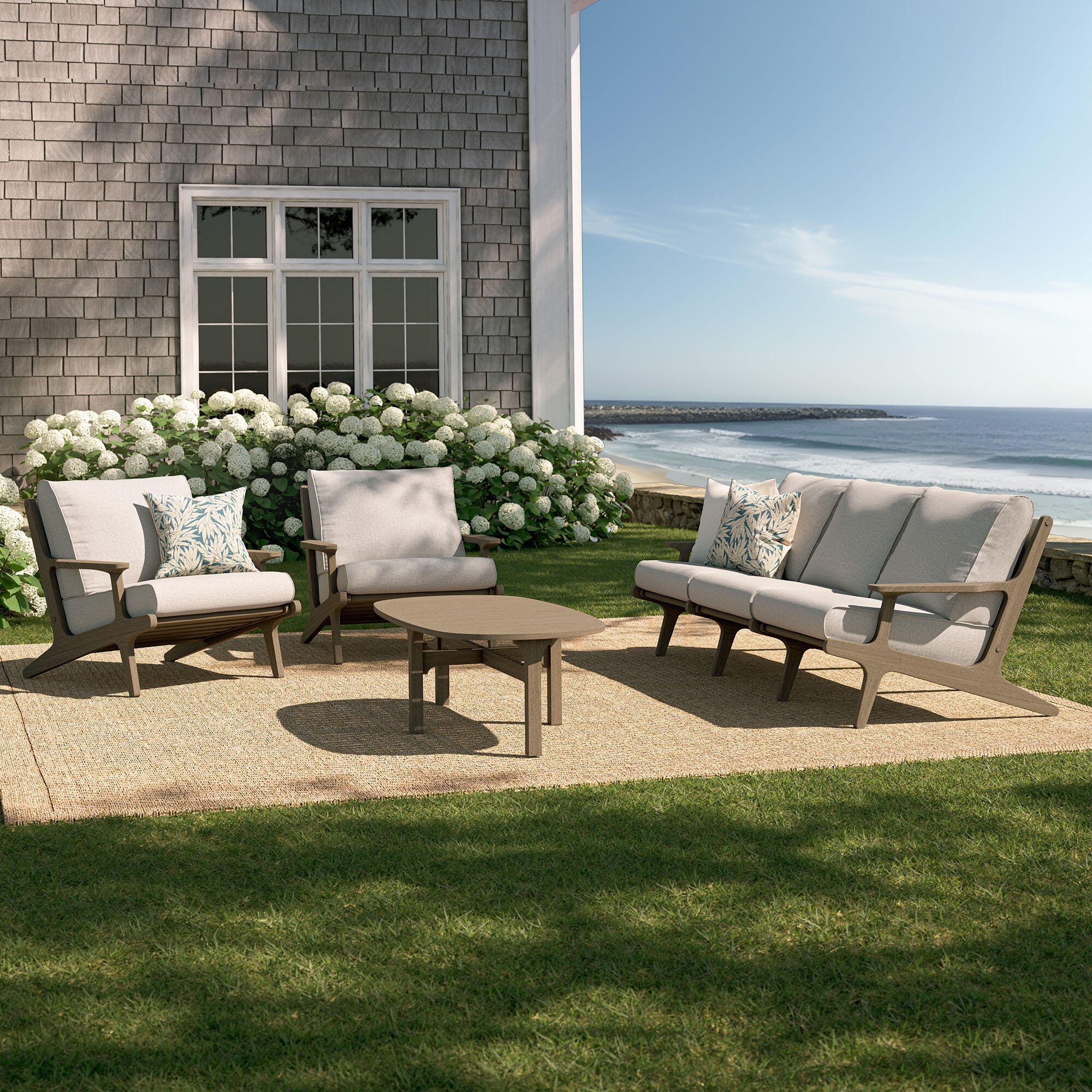 Modway Saratoga Outdoor Sofa and 2 Chairs with Coffee Table, Pebble, large
