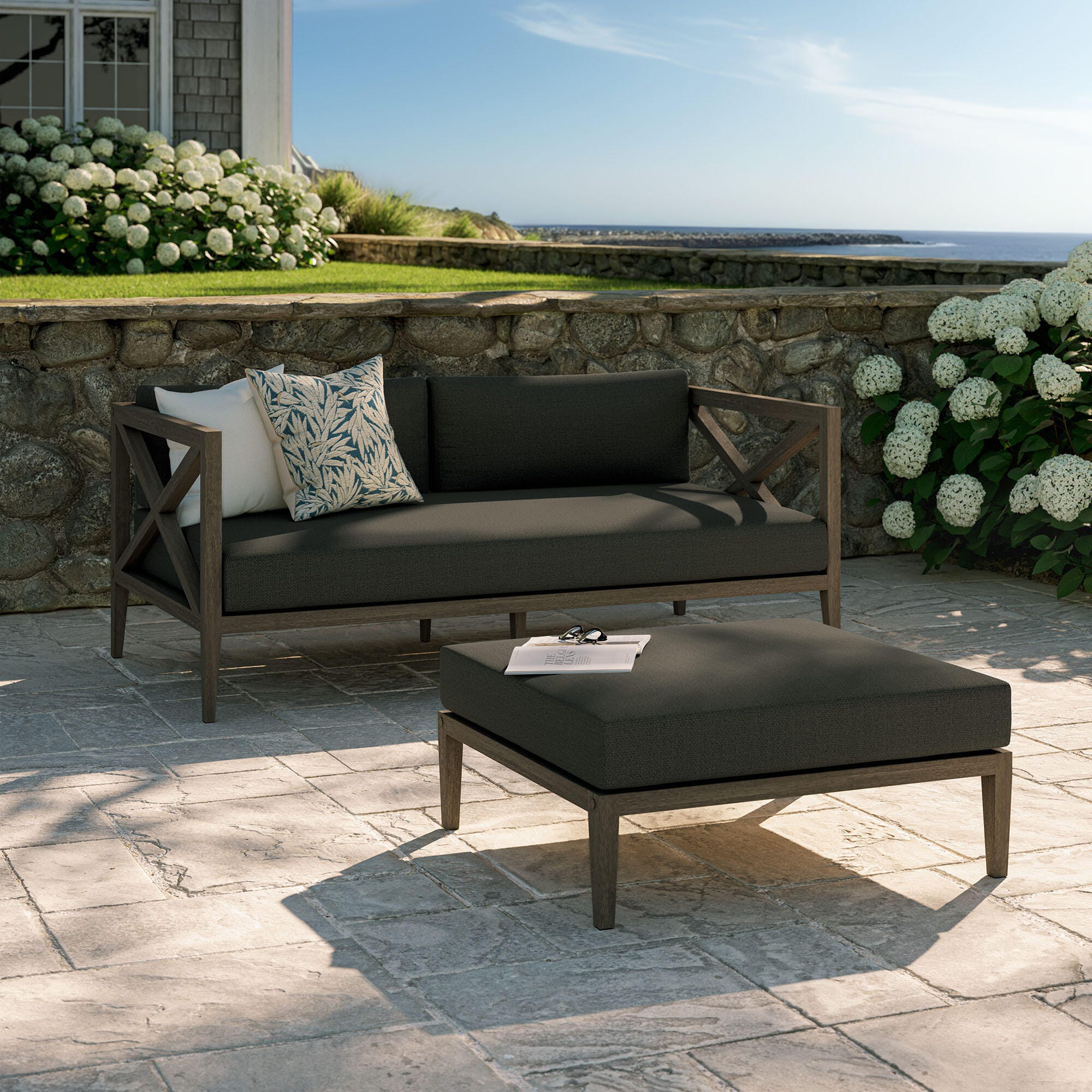Modway Northlake Outdoor Loveseat and Ottoman Set, Flint Gray, rollover