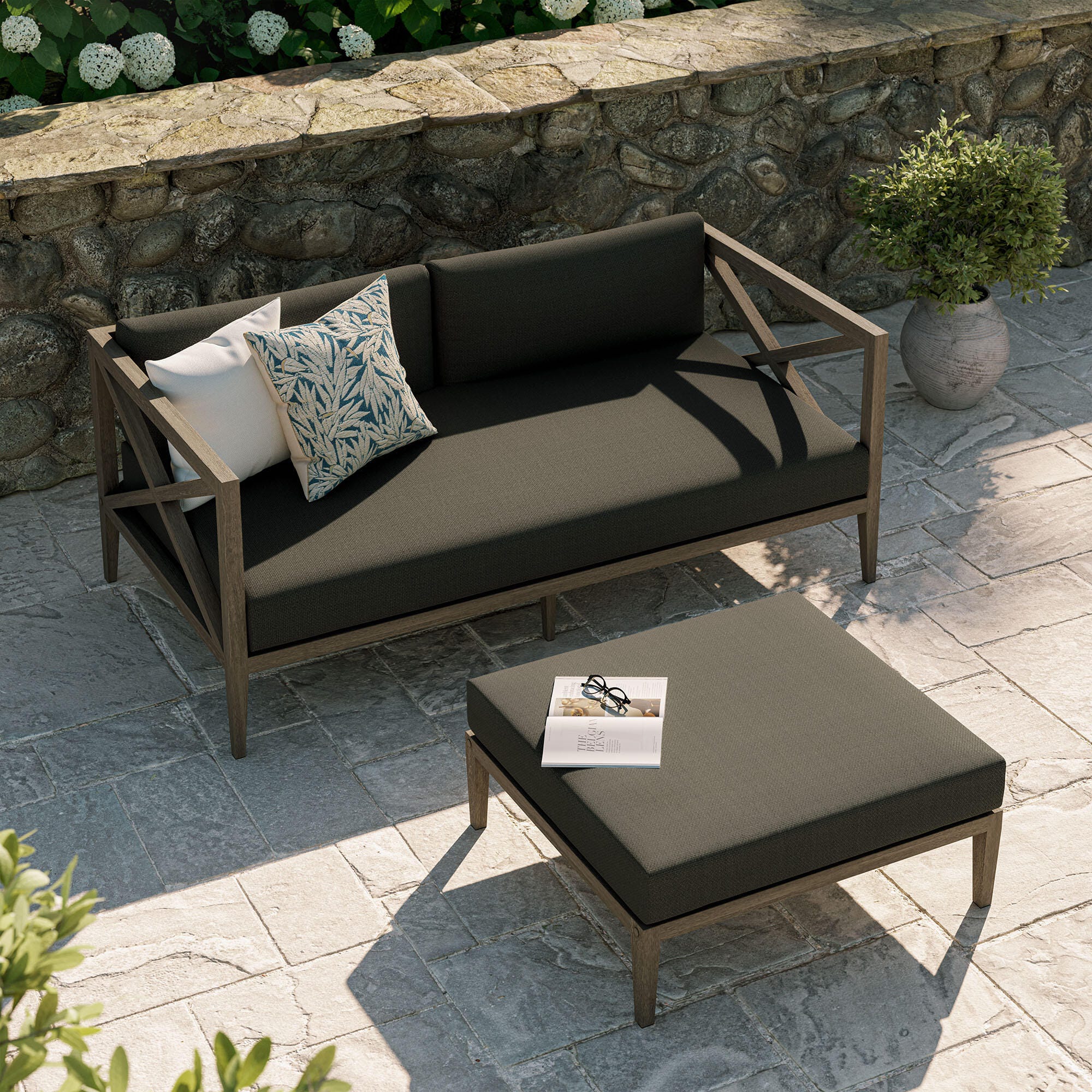 Modway Northlake Outdoor Loveseat and Ottoman Set, Flint Gray, large