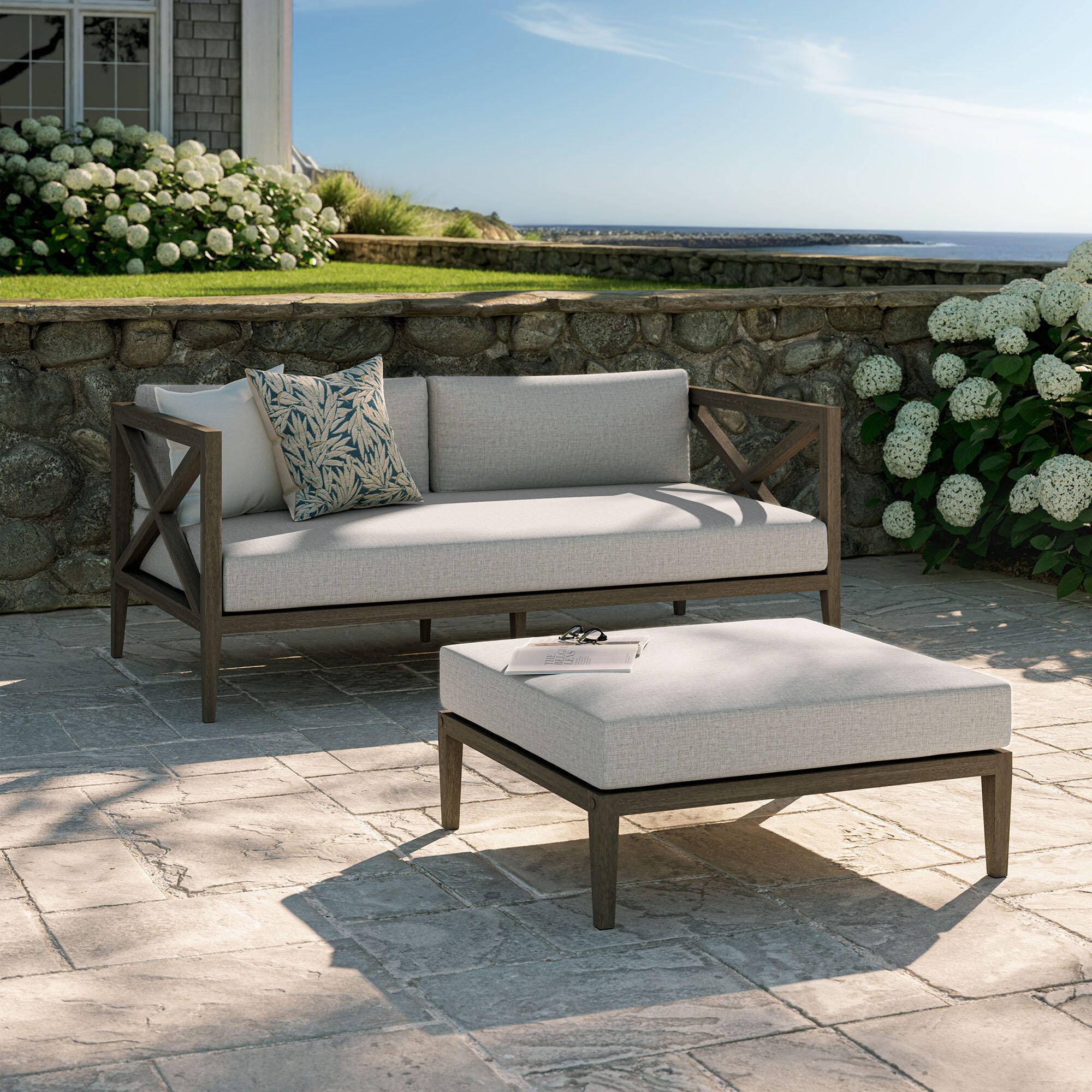 Modway Northlake Outdoor Loveseat and Ottoman Set, Pebble, rollover