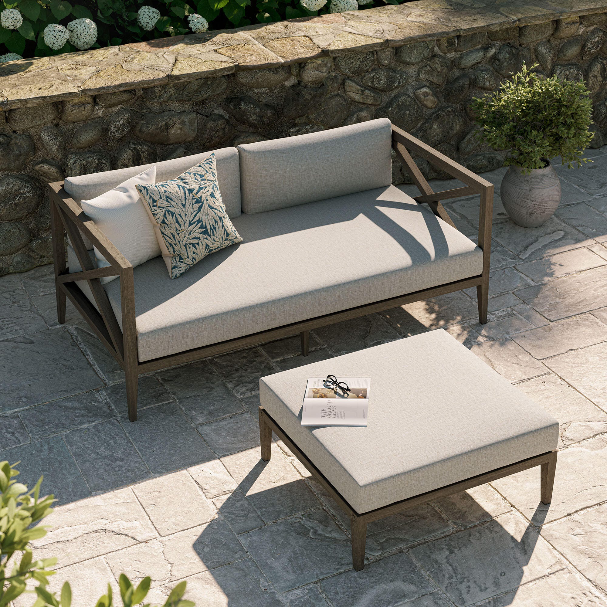 Modway Northlake Outdoor Loveseat and Ottoman Set, Pebble, large