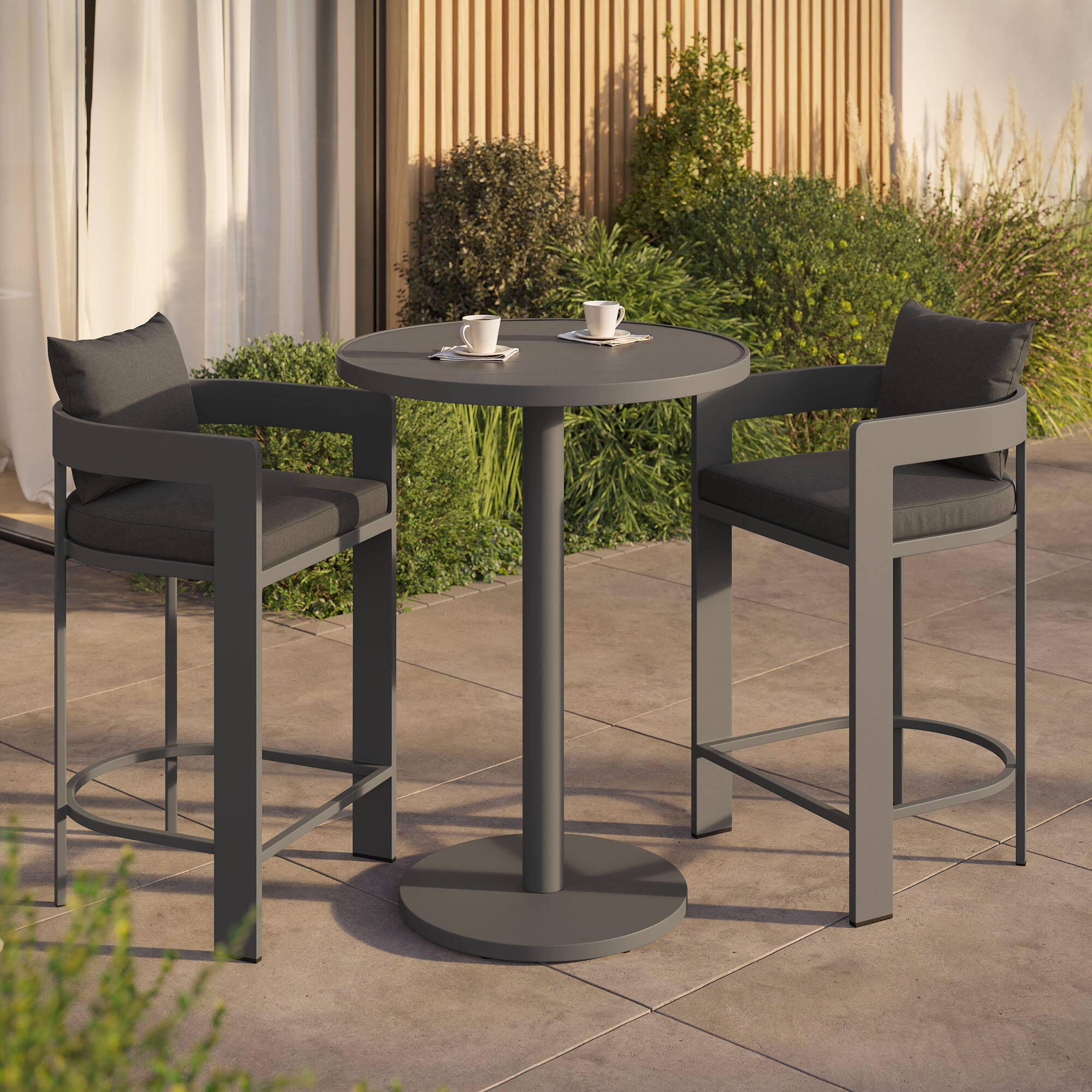Modway Tahoe Outdoor Round Bar Table and 2 Bar Stools, Charcoal, rollover
