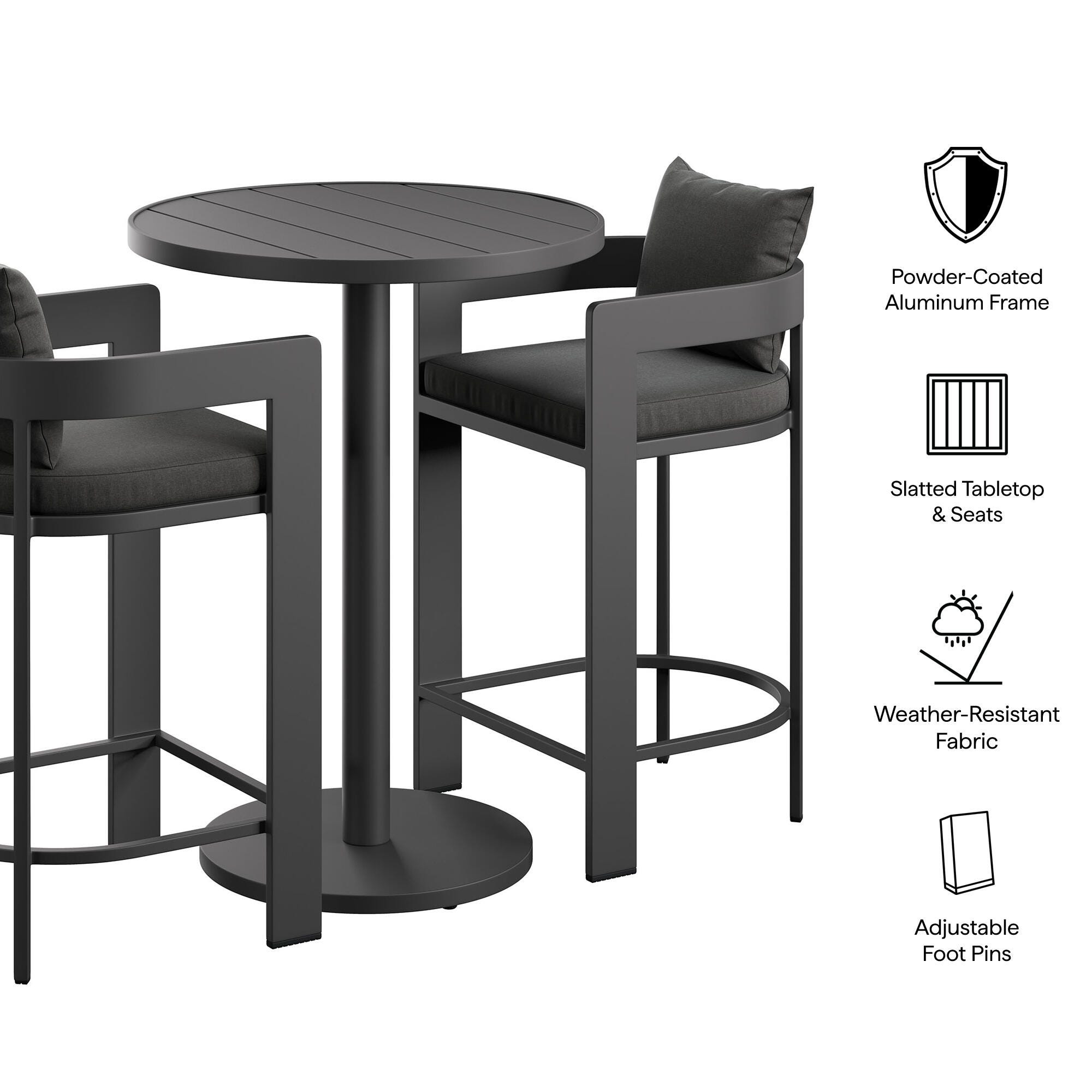 Modway Tahoe Outdoor Round Bar Table and 2 Bar Stools, Charcoal, large