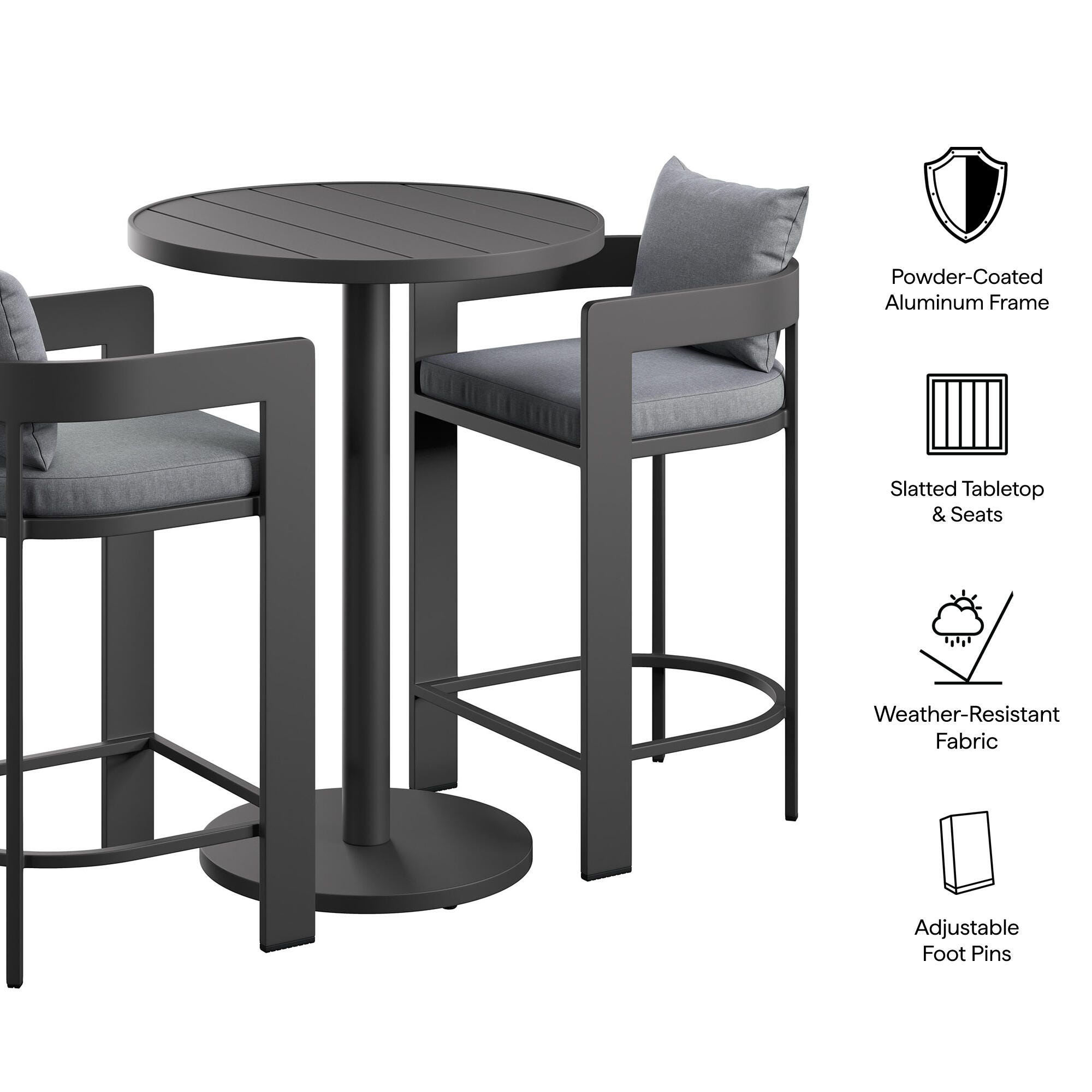 Modway Tahoe Outdoor Round Bar Table and 2 Bar Stools, Gray, large