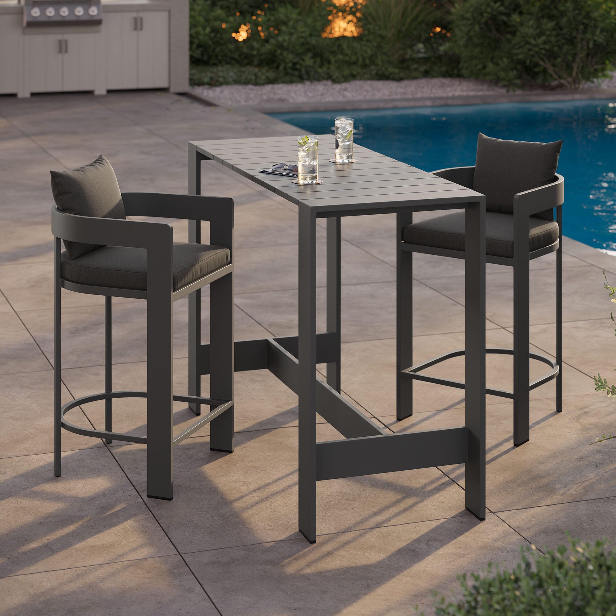 Modway Tahoe Outdoor Bar Table and 2 Bar Stools, Charcoal, rollover
