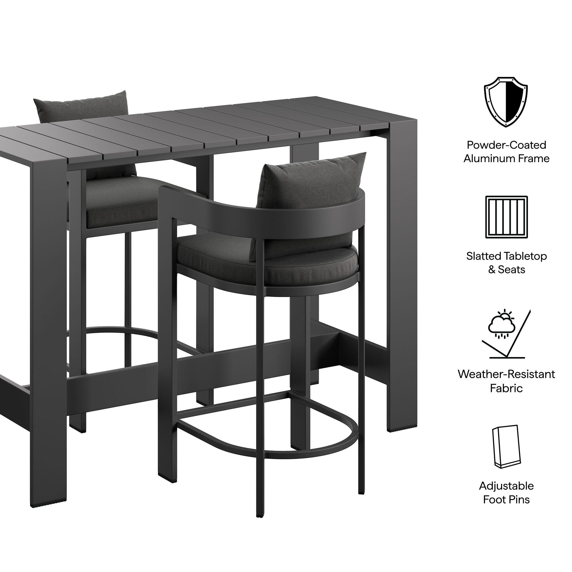 Modway Tahoe Outdoor Bar Table and 2 Bar Stools, Charcoal, large