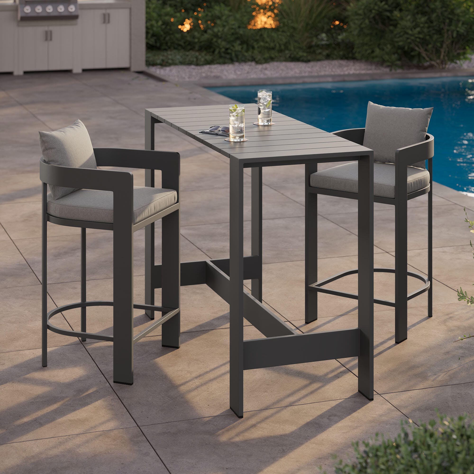 Modway Tahoe Outdoor Bar Table and 2 Bar Stools, Gray, rollover