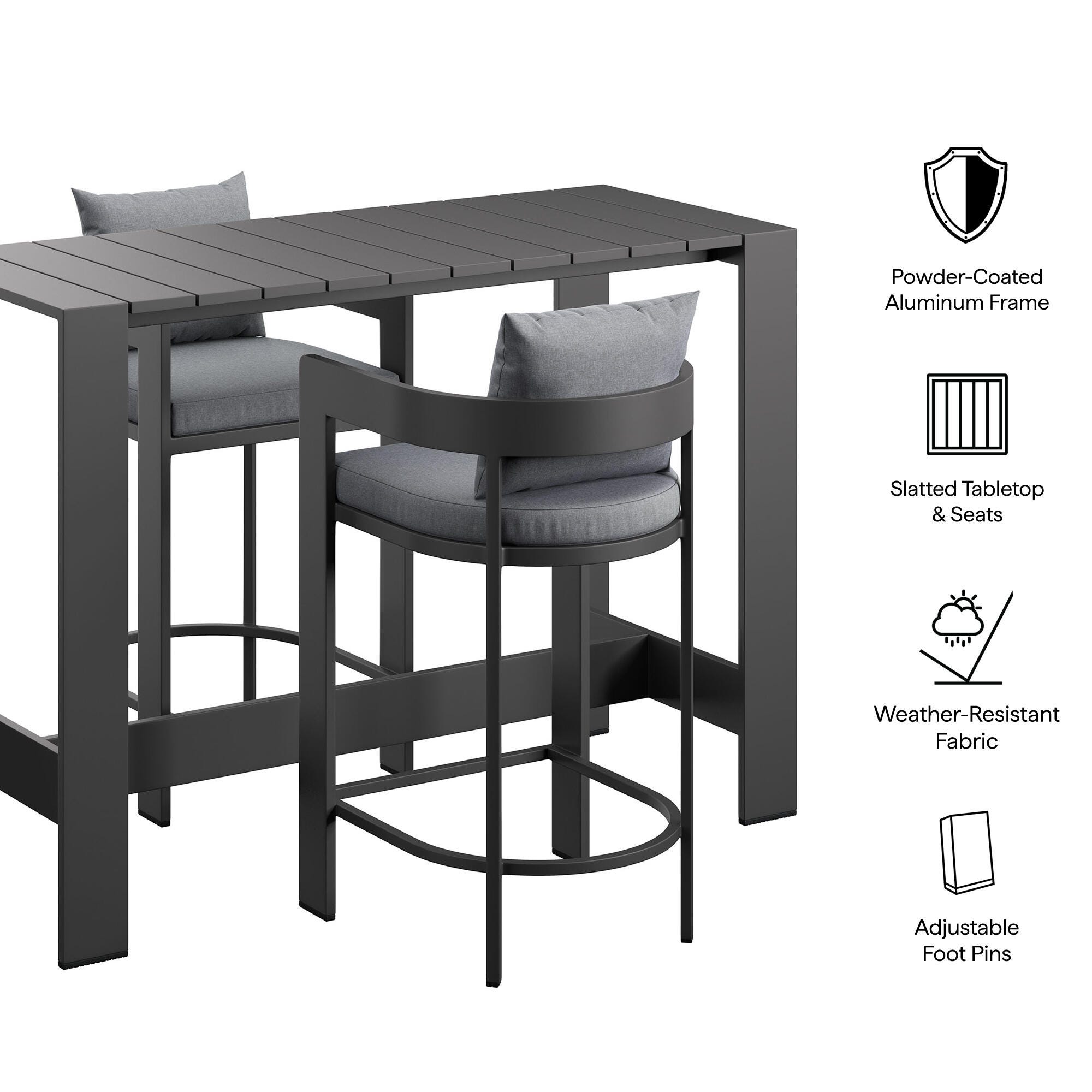 Modway Tahoe Outdoor Bar Table and 2 Bar Stools, Gray, large