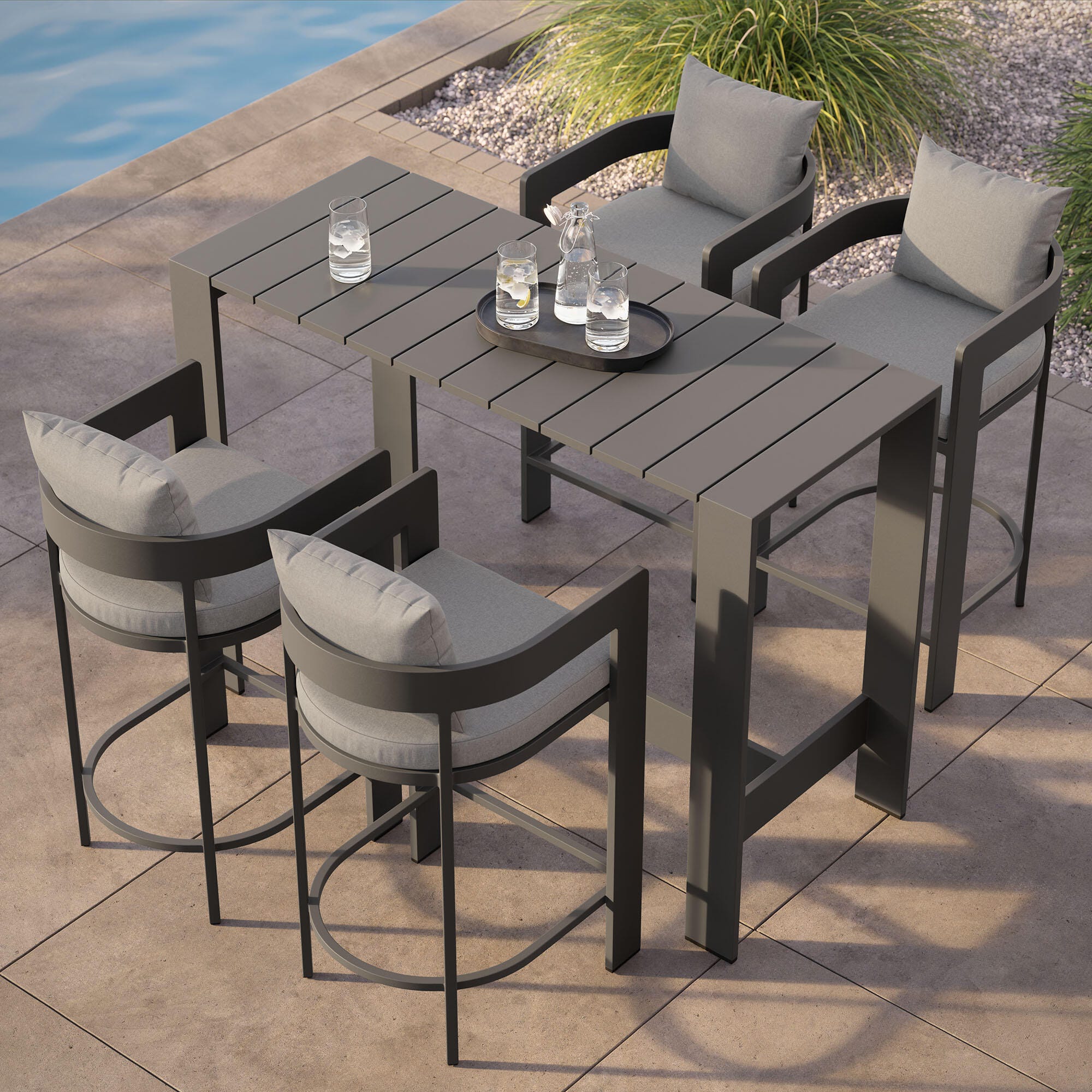 Modway Tahoe Outdoor Bar Table and 4 Bar Stools, Gray, large
