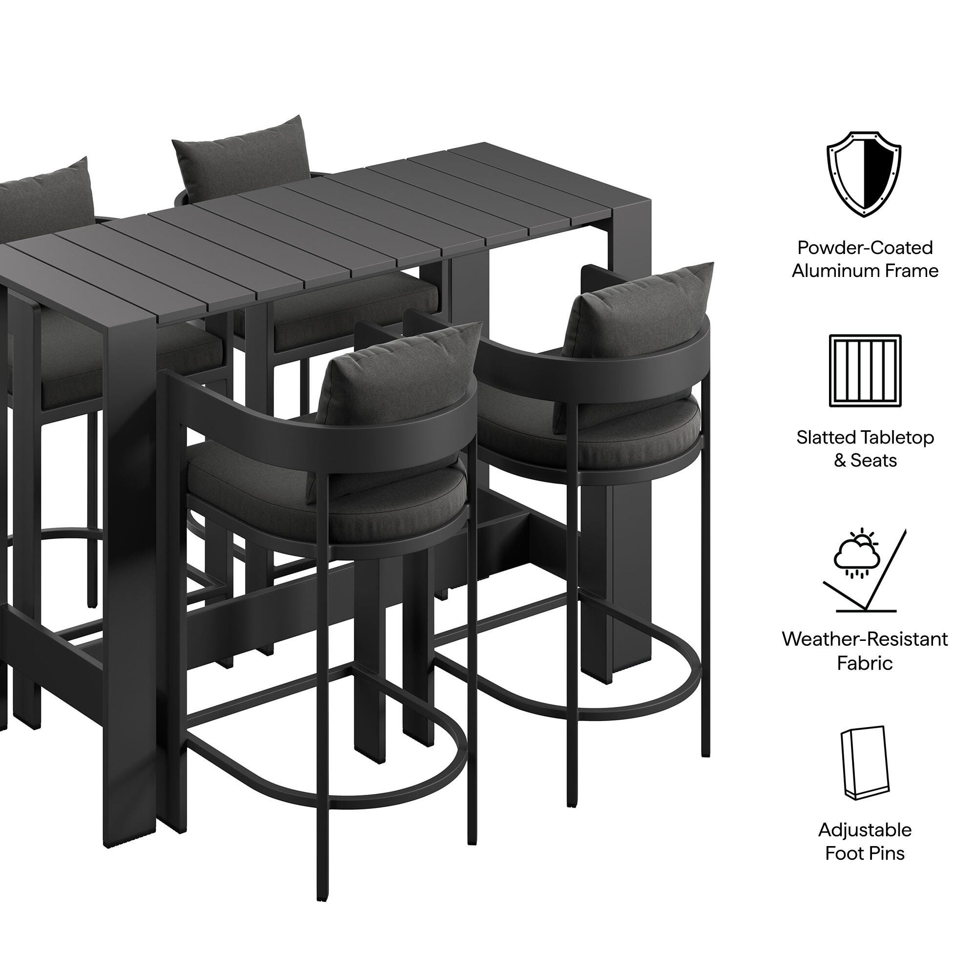 Modway Tahoe Outdoor Bar Table and 4 Bar Stools, Charcoal, large