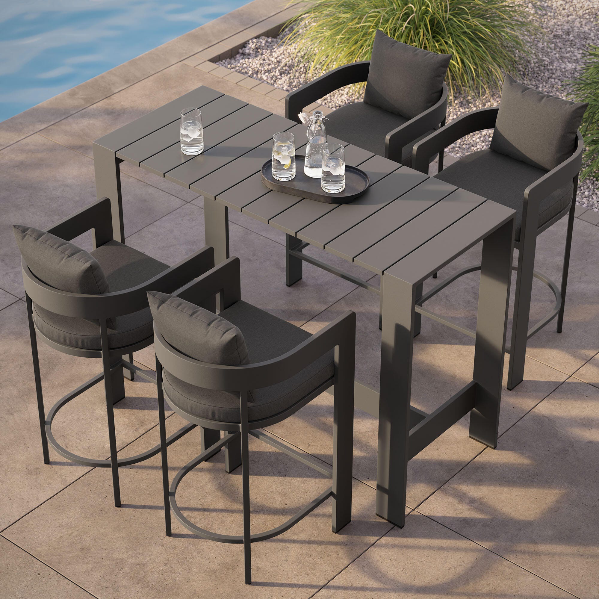 Modway Tahoe Outdoor Bar Table and 4 Bar Stools, Charcoal, large
