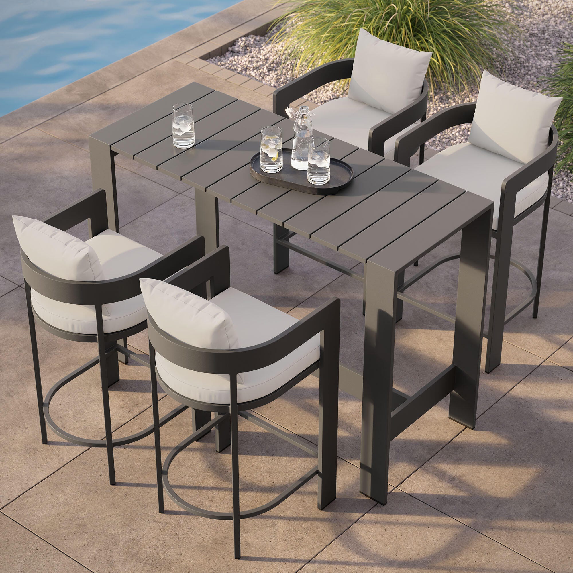 Modway Tahoe Outdoor Bar Table and 4 Bar Stools, White, large