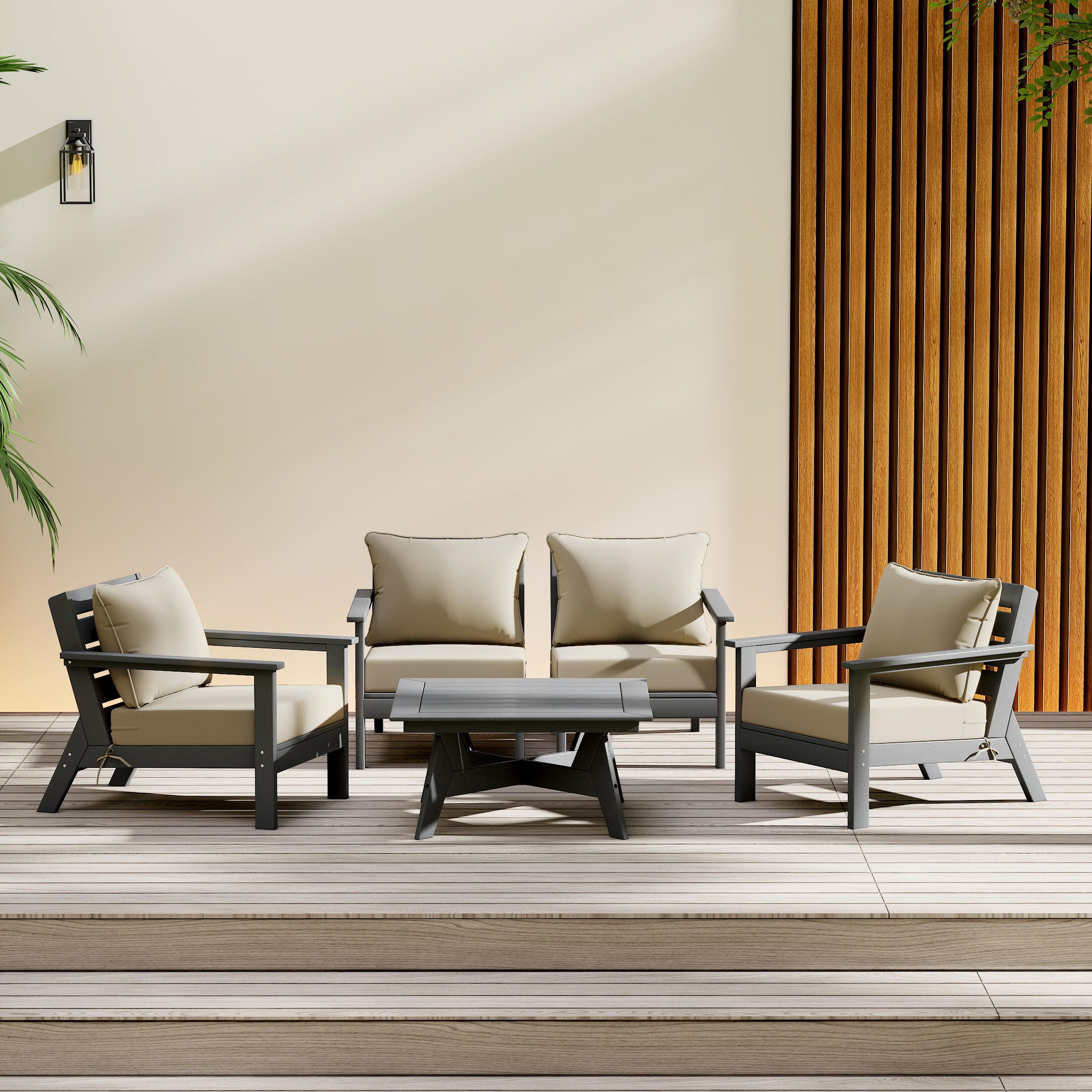 Westin Furniture Birchwood Outdoor Sofa and 2 Chairs with Coffee Table, Light Beige, rollover