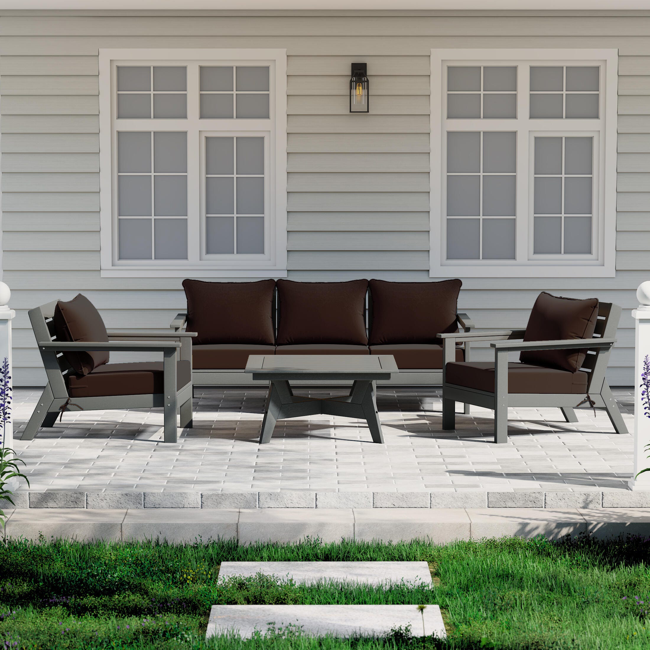 Westin Furniture Birchwood Solid Outdoor Sofa and 2 Chairs with Coffee Table, Brown, rollover