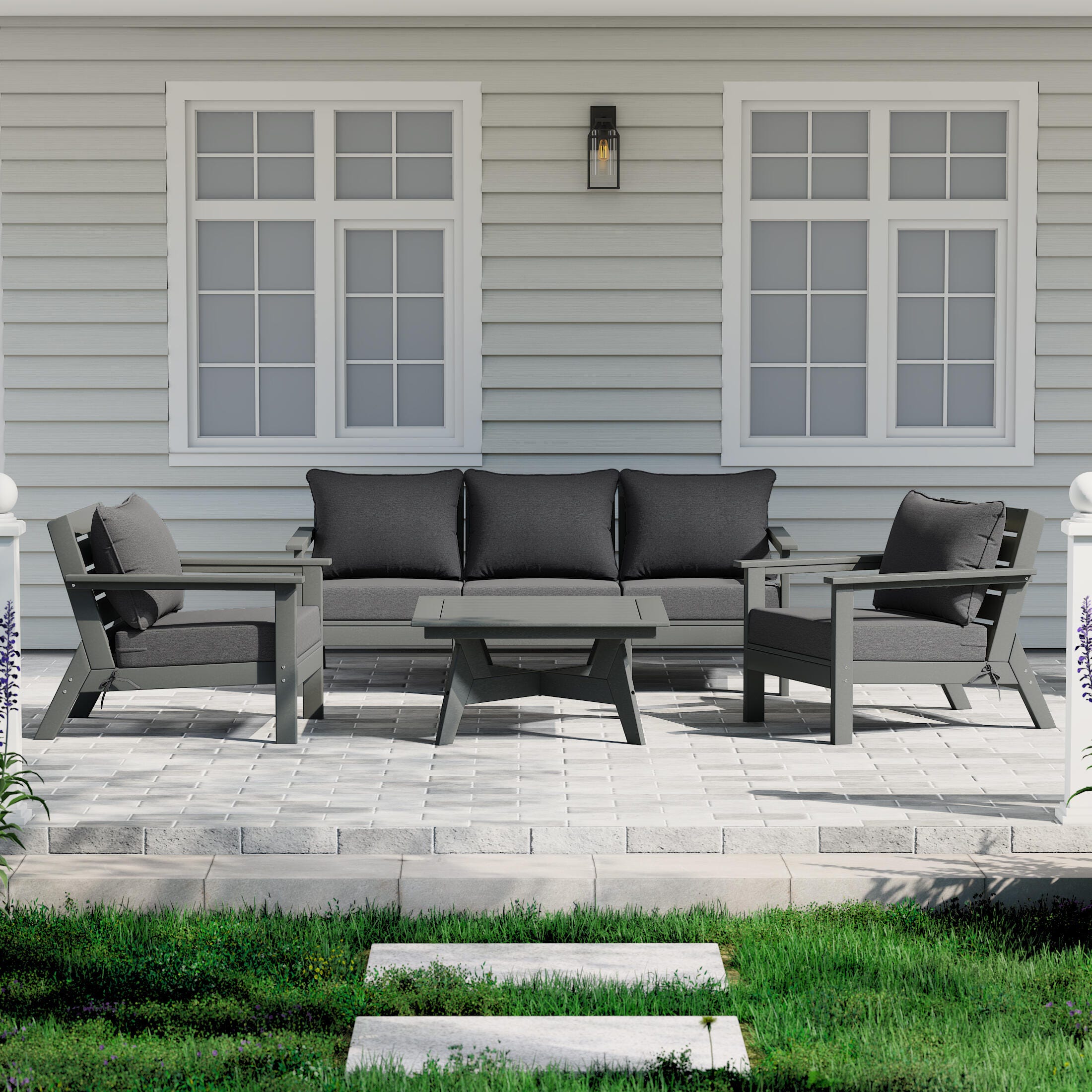 Westin Furniture Birchwood Solid Outdoor Sofa and 2 Chairs with Coffee Table, Gray, rollover