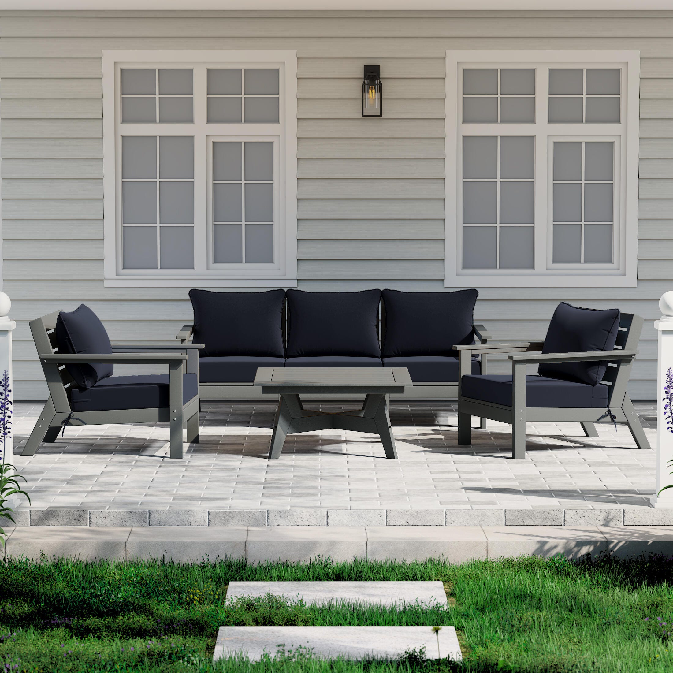 Westin Furniture Birchwood Solid Outdoor Sofa and 2 Chairs with Coffee Table, Navy Blue, rollover