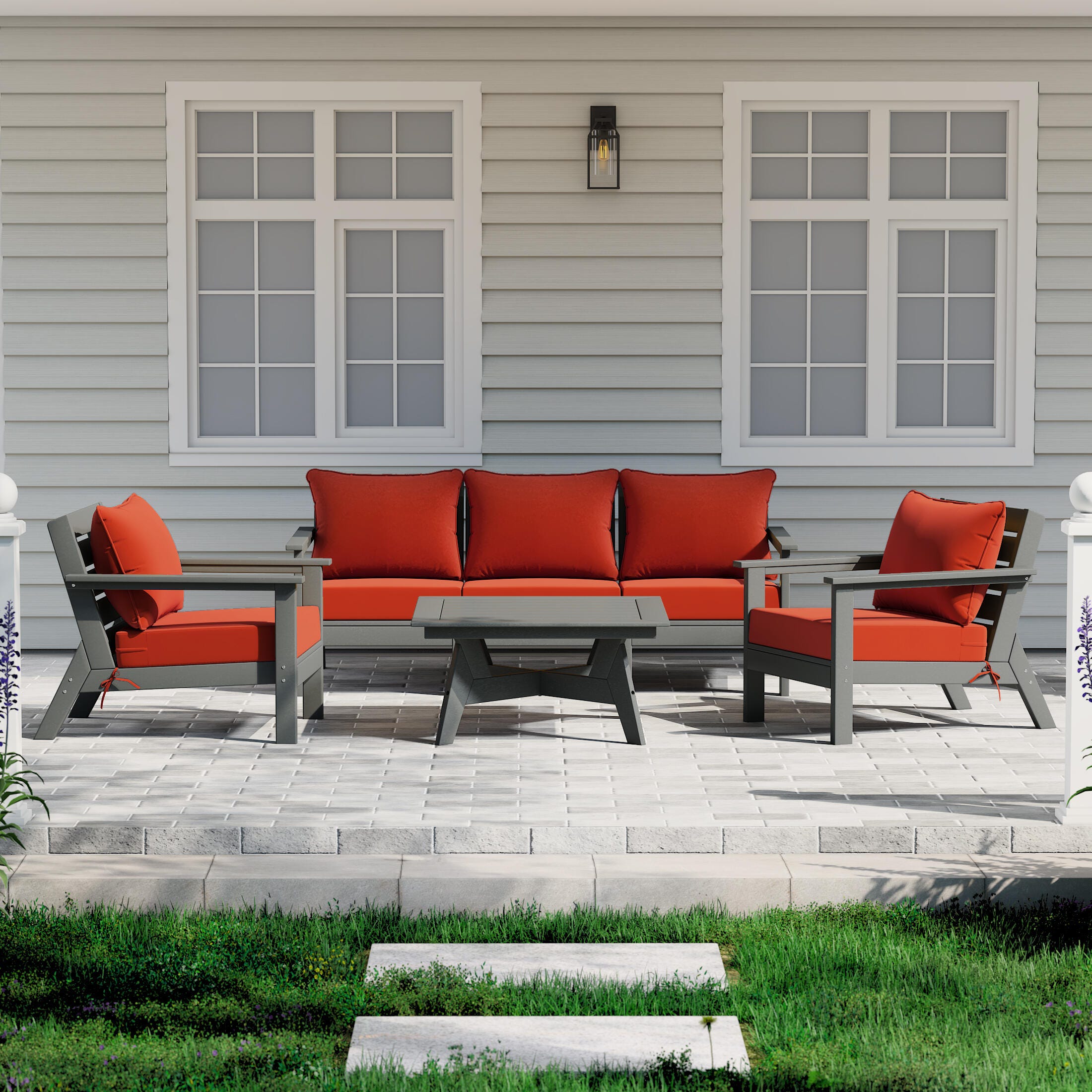 Westin Furniture Birchwood Solid Outdoor Sofa and 2 Chairs with Coffee Table, Orange, rollover