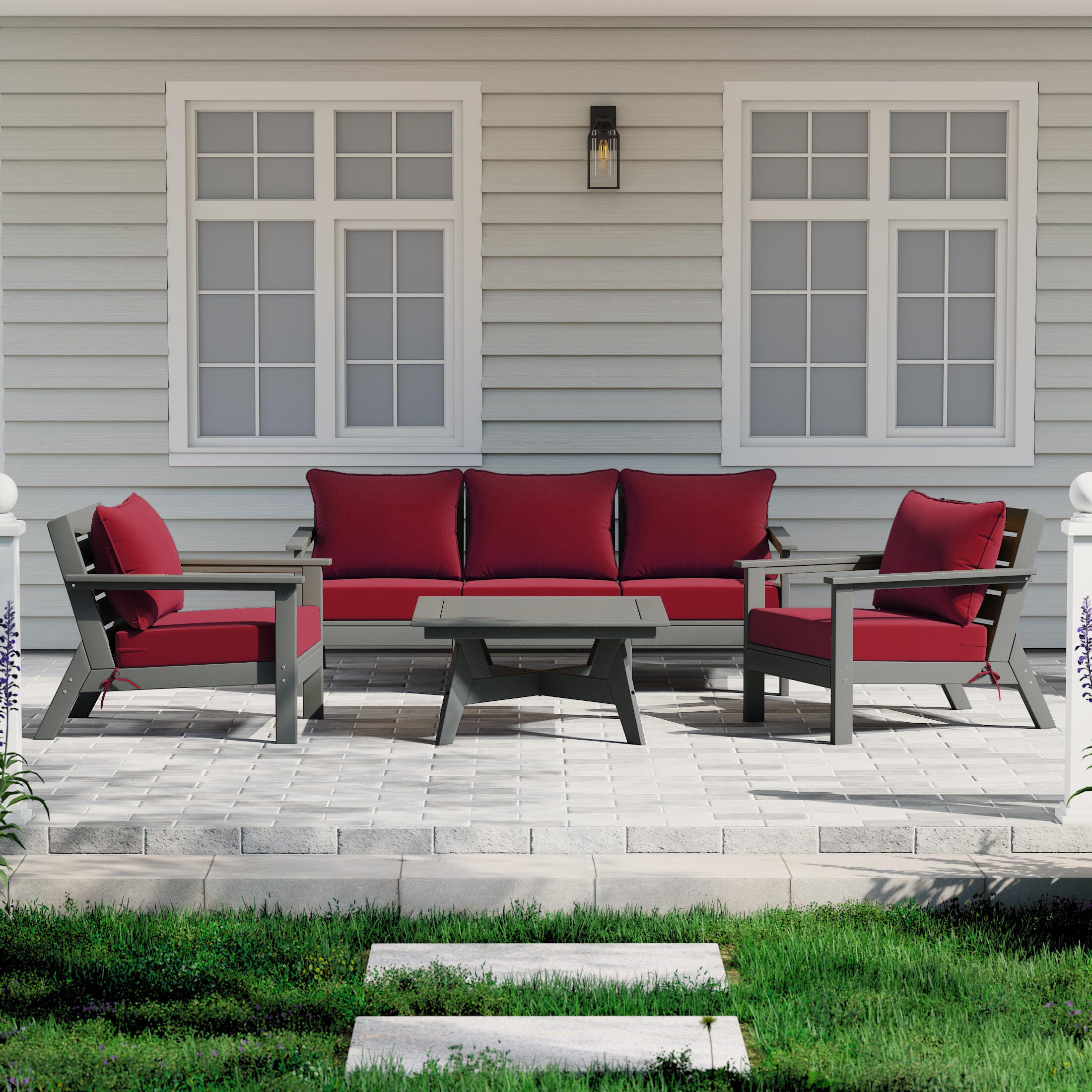 Westin Furniture Birchwood Solid Outdoor Sofa and 2 Chairs with Coffee Table, Red, rollover