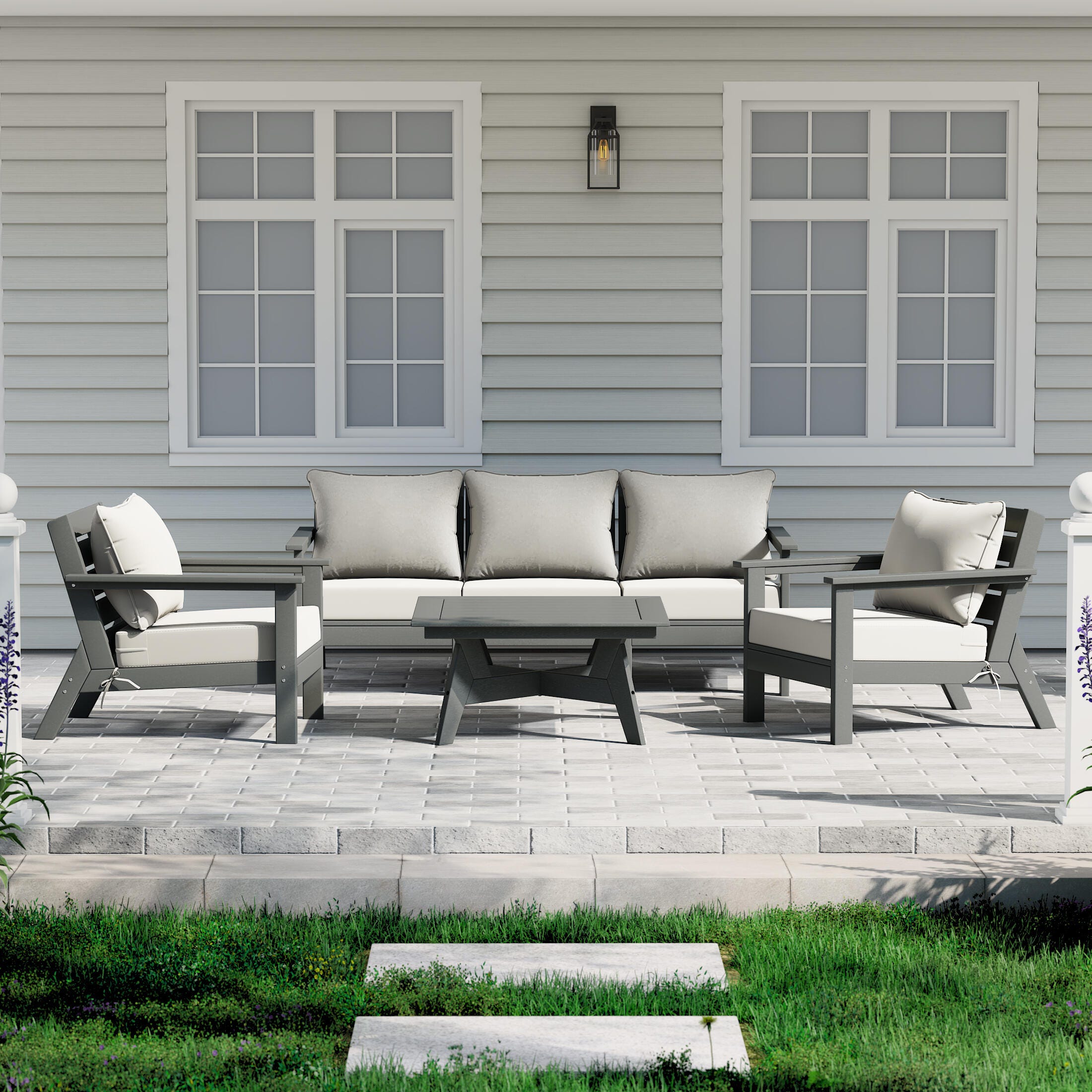 Westin Furniture Birchwood Solid Outdoor Sofa and 2 Chairs with Coffee Table, White, rollover