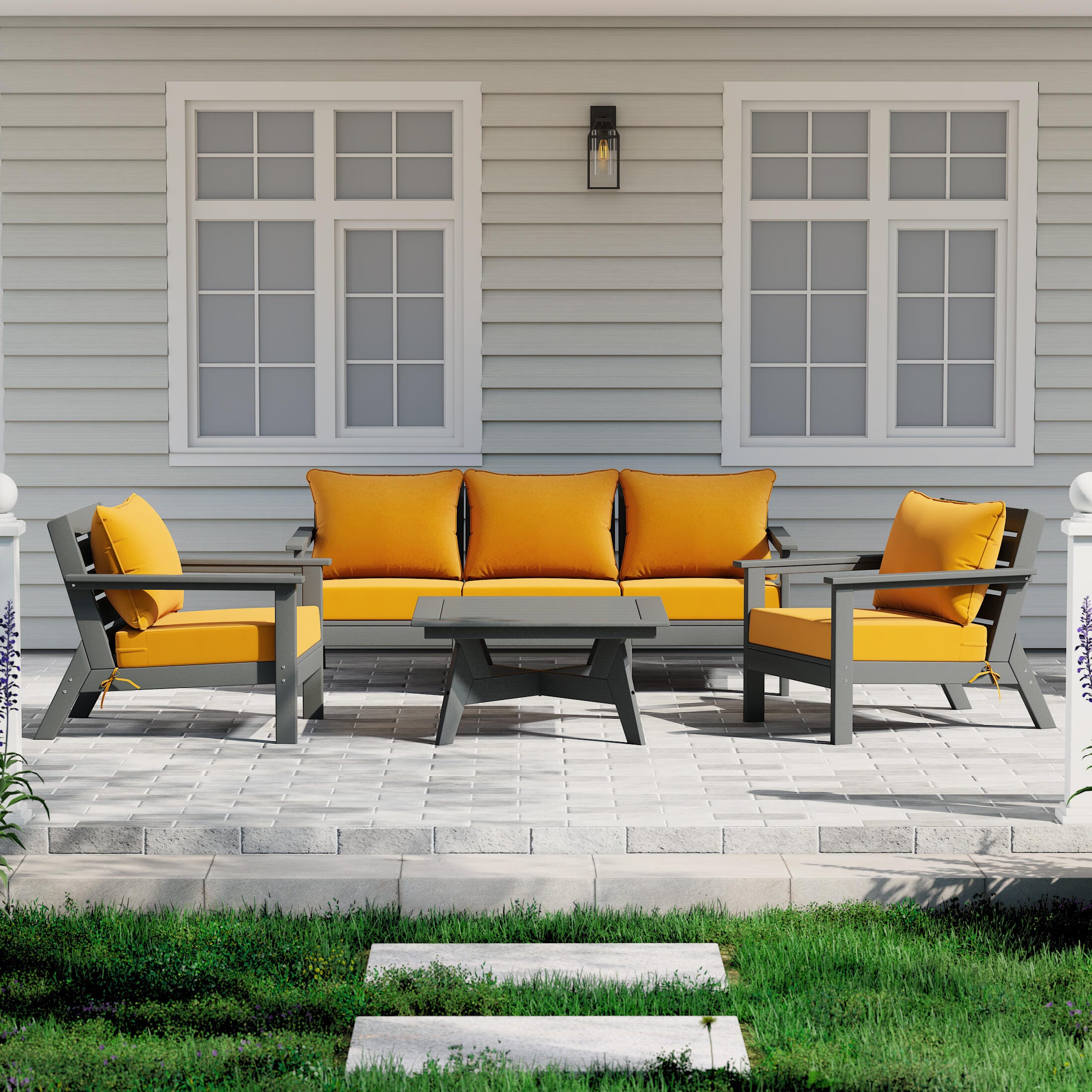 Westin Furniture Birchwood Solid Outdoor Sofa and 2 Chairs with Coffee Table, Yellow, rollover