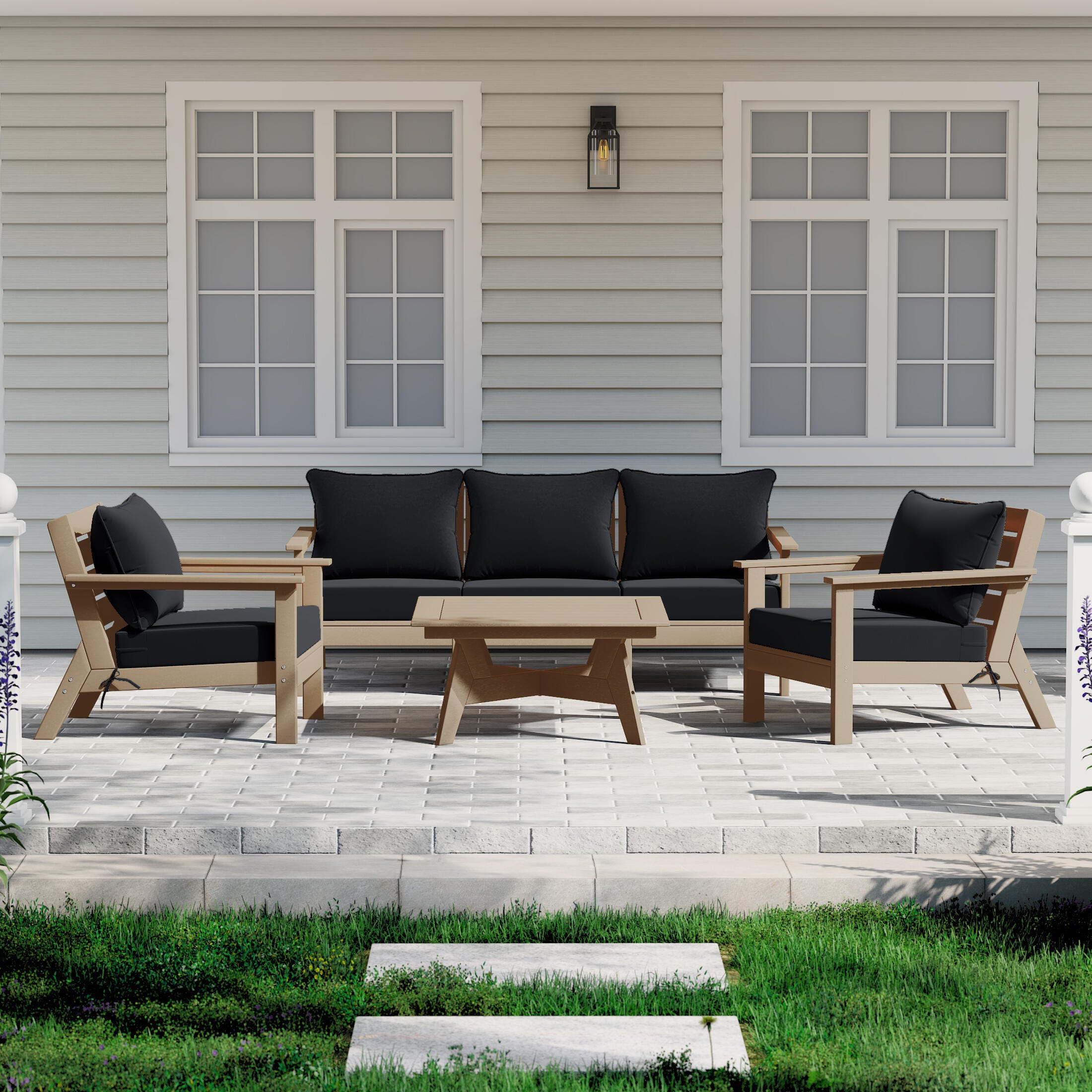 Westin Furniture Birchwood Solid Outdoor Sofa and 2 Chairs with Coffee Table, Dark Blue, rollover