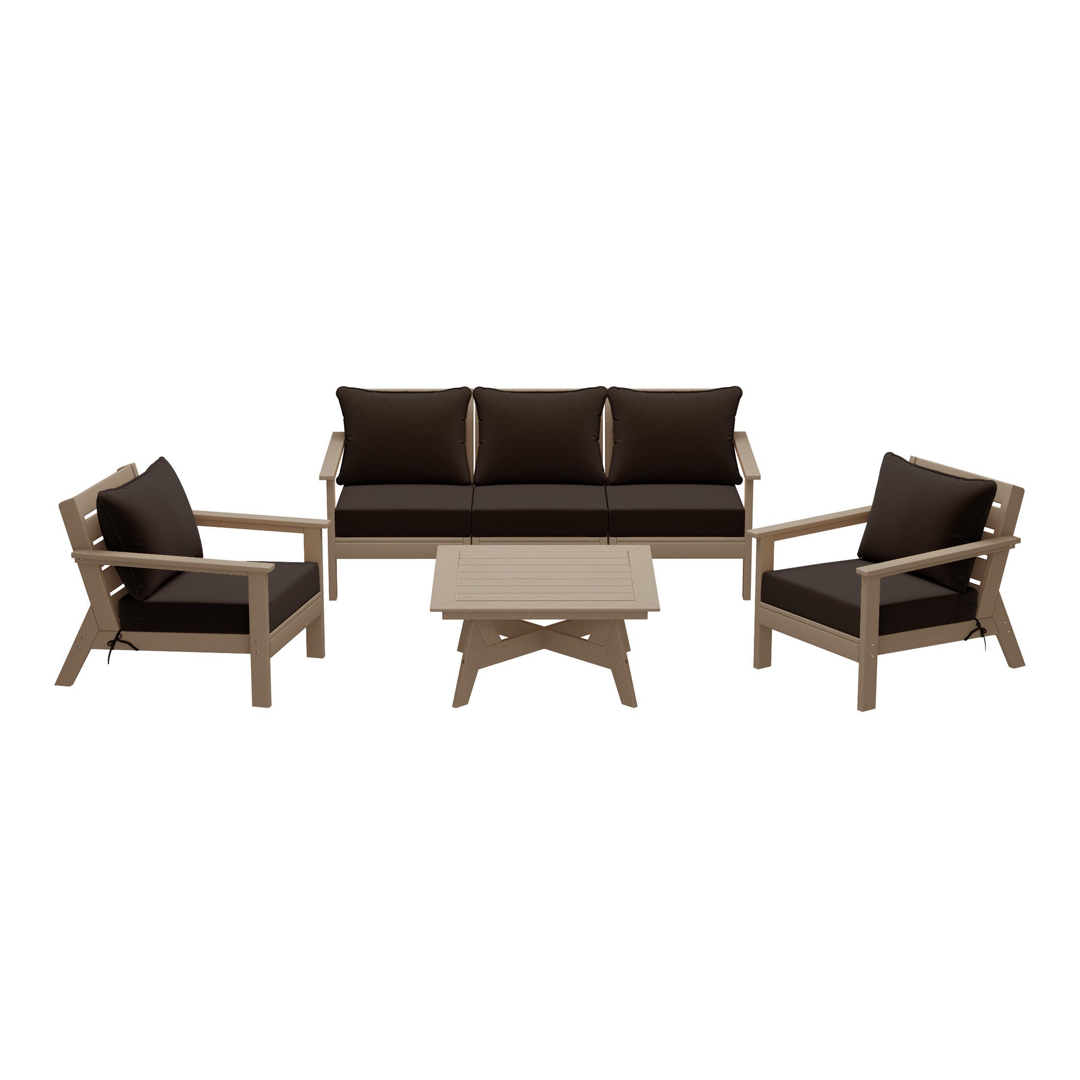 Westin Furniture Birchwood Solid Outdoor Sofa and 2 Chairs with Coffee Table, Dark Brown, large