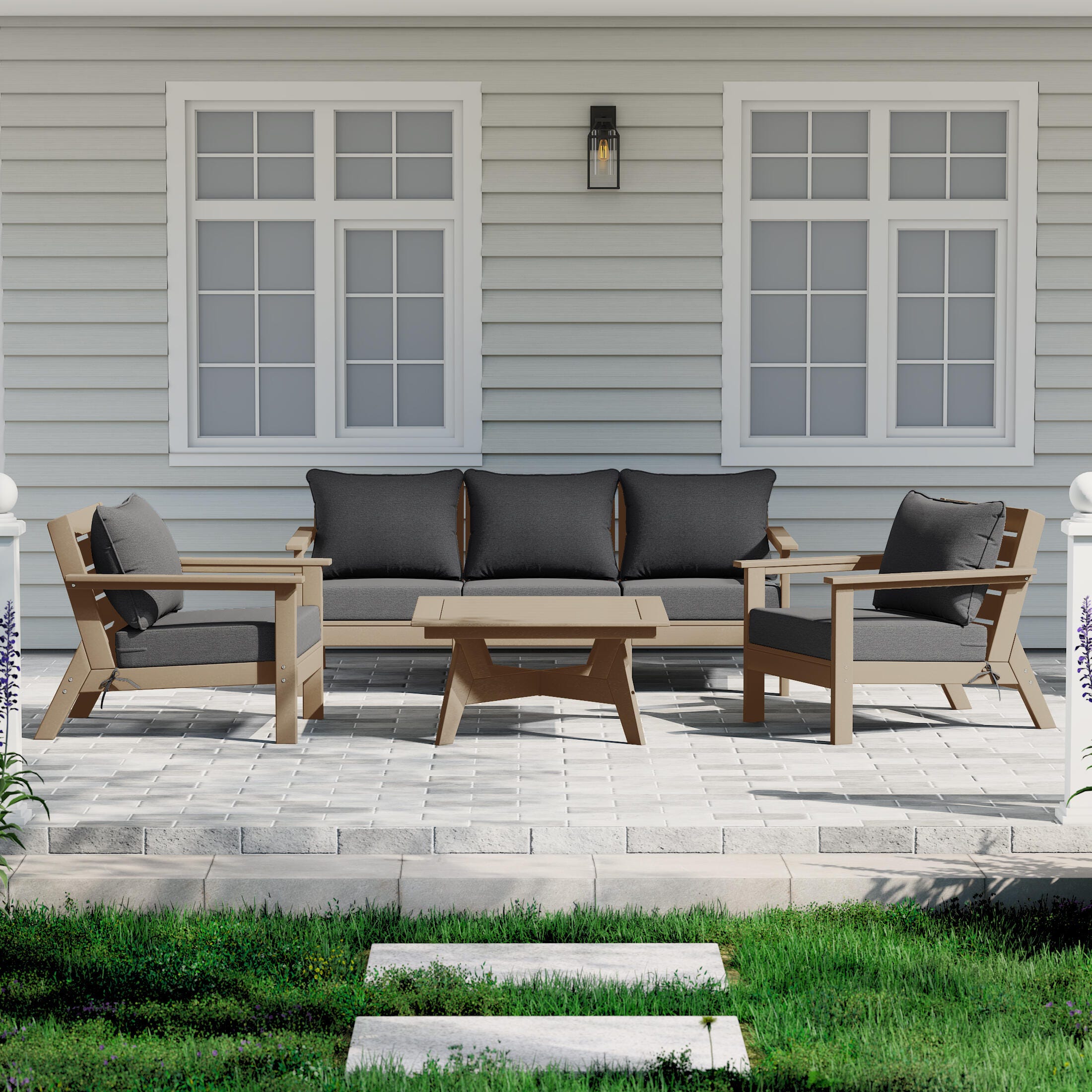 Westin Furniture Birchwood Solid Outdoor Sofa and 2 Chairs with Coffee Table, Light Gray, rollover