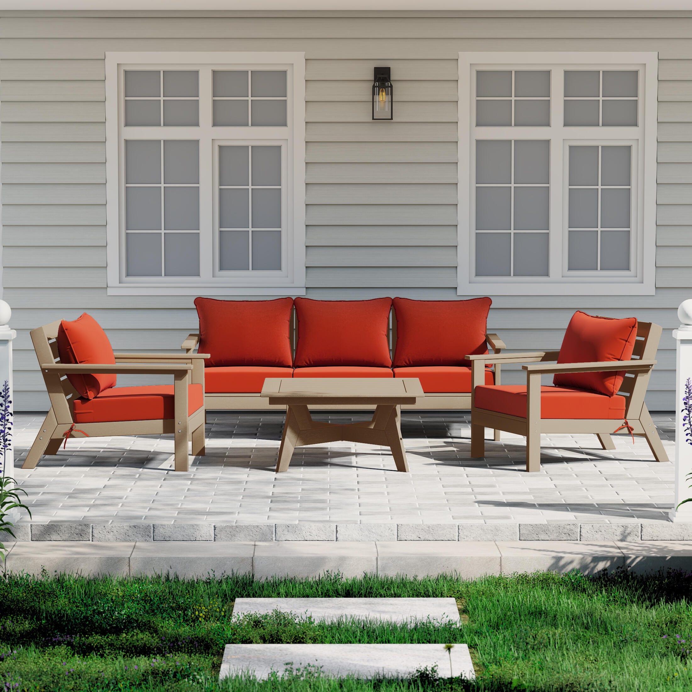 Westin Furniture Birchwood Solid Outdoor Sofa and 2 Chairs with Coffee Table, Dark Orange, rollover